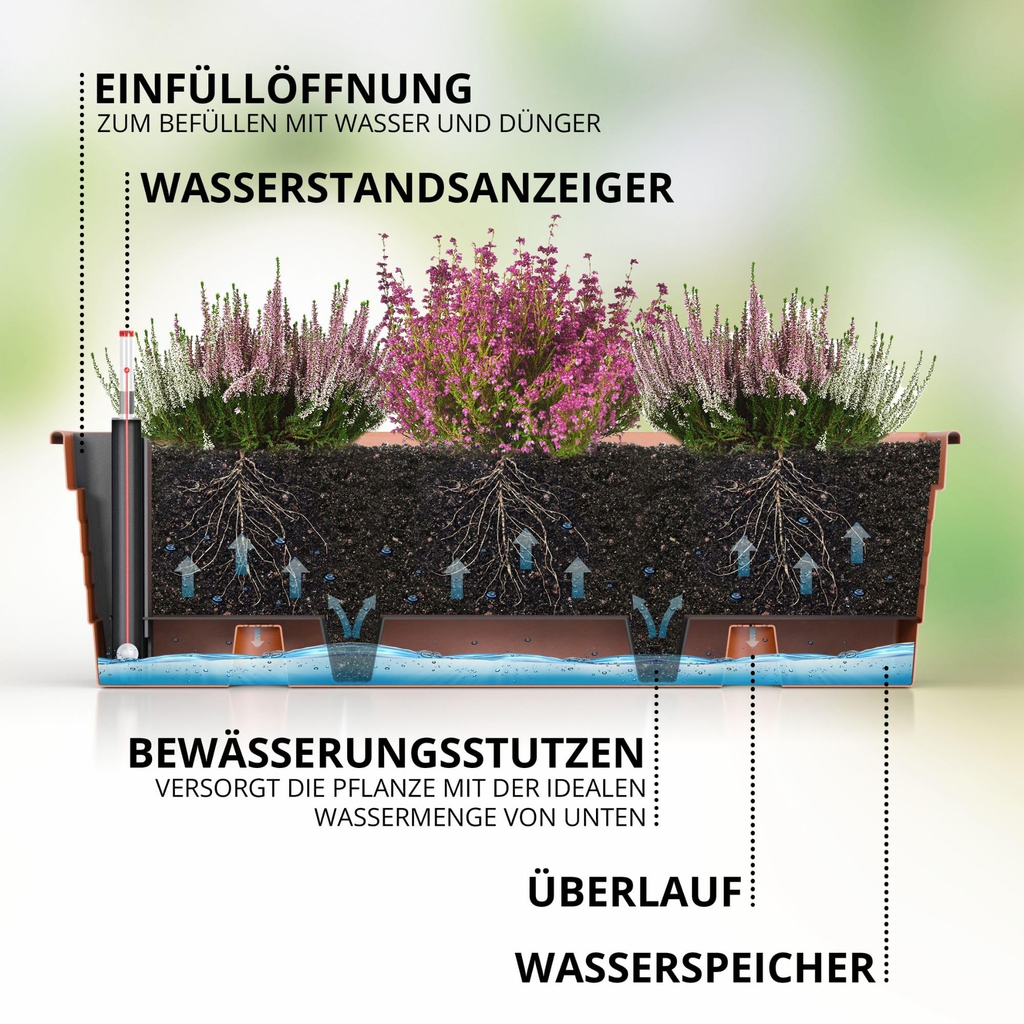 Plastard Blumenkasten 100 cm Anthrazit mit Hydroeinsatz, Wasserstandsanzeiger und Metallhalterung – selbstbewässernder Pflanzkasten, Balkonkasten, robust & witterungsbeständig