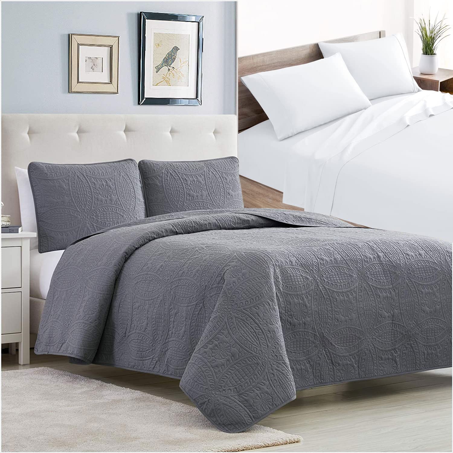 Mellanni Bedspread Coverlet Set + Organic Cotton Sheet Set Bundle&Save - Bundle Includes: 3 Piece Quilt Set and 400TC Cotton Sheet Set 4 Piece (King, Gray & White)