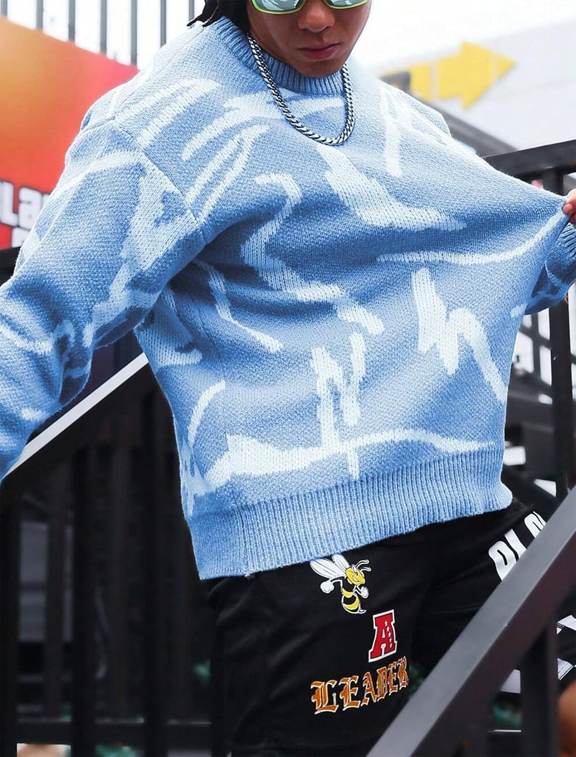 ZAFUL Men's Oversized Sweater Long Sleeve Crewneck Y2K Graphic Color Block Casual Knitted Pullover Sweater (3-Blue, S) - Image 2