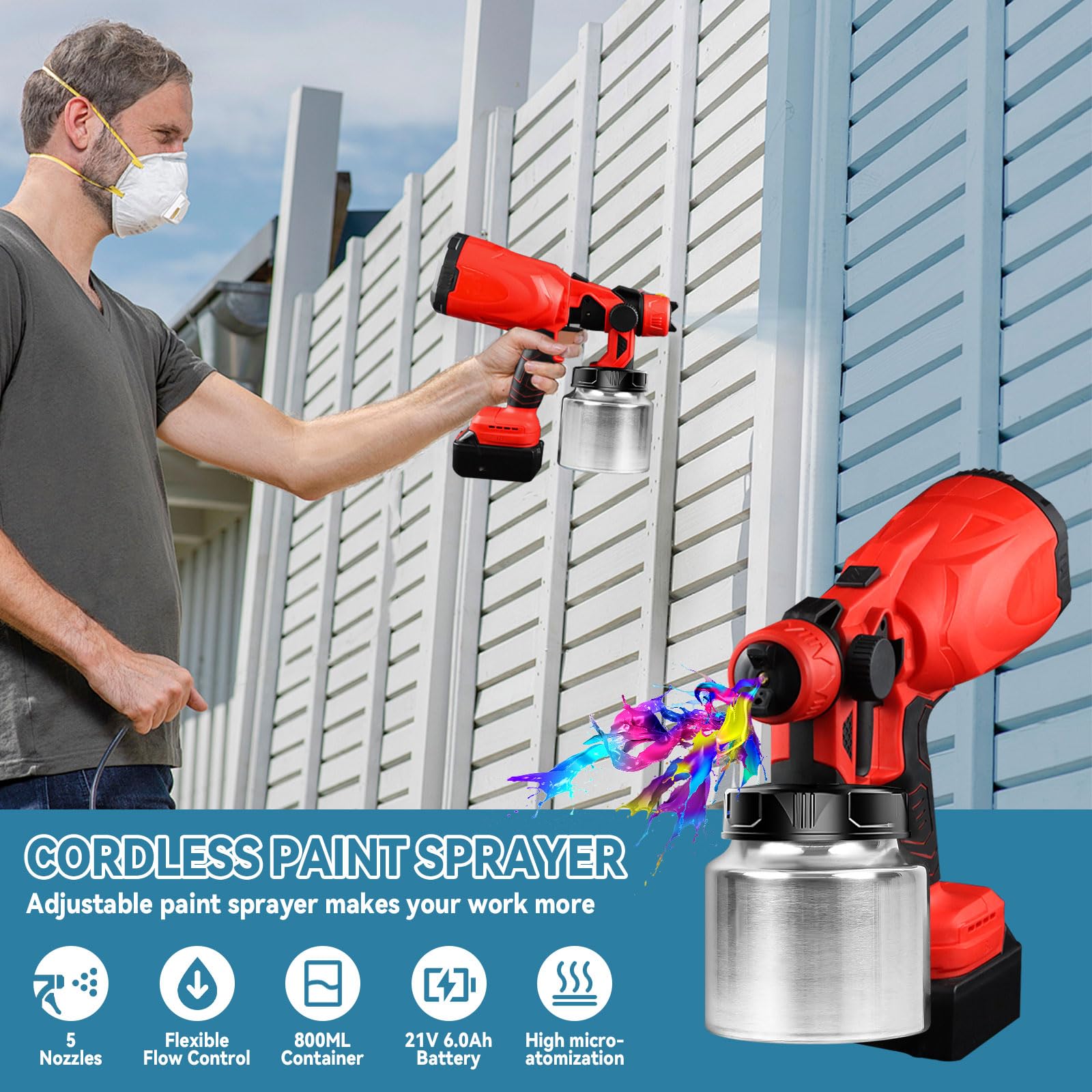 Pulverizador de pintura inalámbrico con batería, pistola de pintura eléctrica HVLP de mano con 5 boquillas y 2 recipientes, pistola de pintura inalámbrica para paredes, vallas, bricolaje, casa