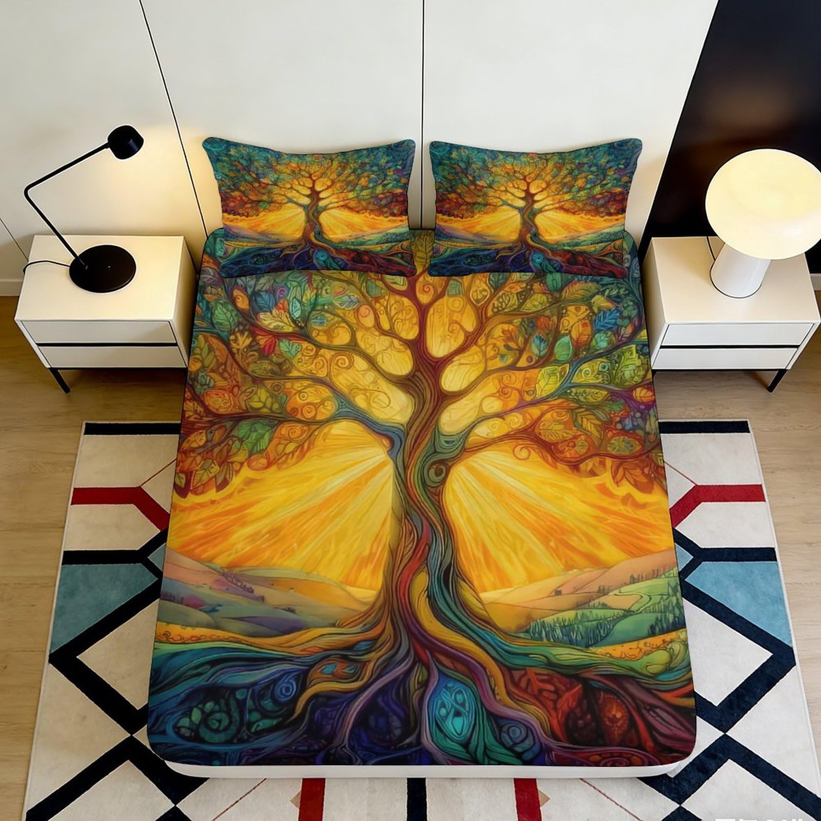 3D Printed Colorful Tree of Life Fitted Sheet Microfiber Soft Sunrise Landscape Mattress Cover for Bedroom Guest Room Decor 90x200x25cm