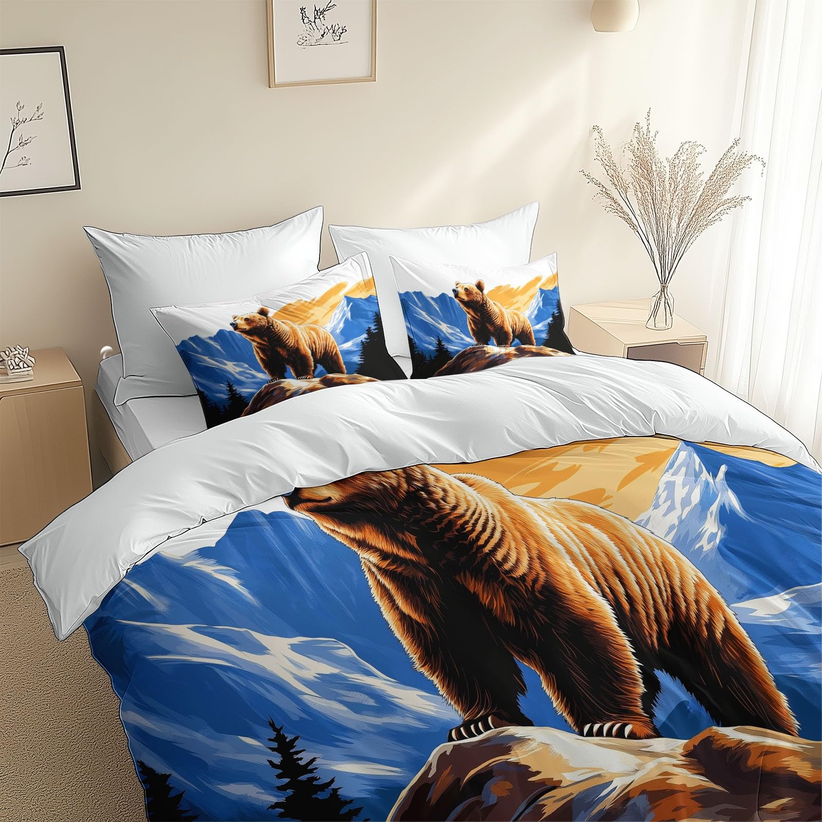 Duvet Cover Toddler Size Mountain Forest Brown Bear Bedding Set Super Soft Beige Quilt Cover, for Adults and Kids Bedroom Decor with 2 Pillow Shams 40