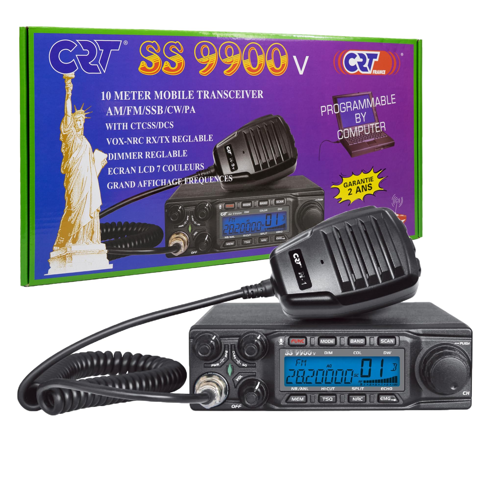 CRT SS 9900V Am, FM, LSB, USB, CW 28-29,7 MHz, ASQ, Roger Beep, 12 V y Paquete Azul Sticky Pad Incluido