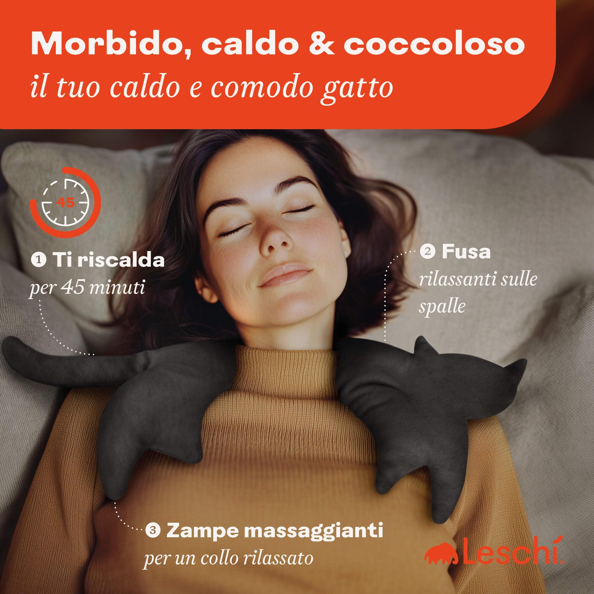 LESCHI Cuscino cervicale termico per microonde - In cotone bio con grano biologico - Cuscino riscaldante ideale per sciogliere tensioni a collo, spalle e schiena - Gatto, nero