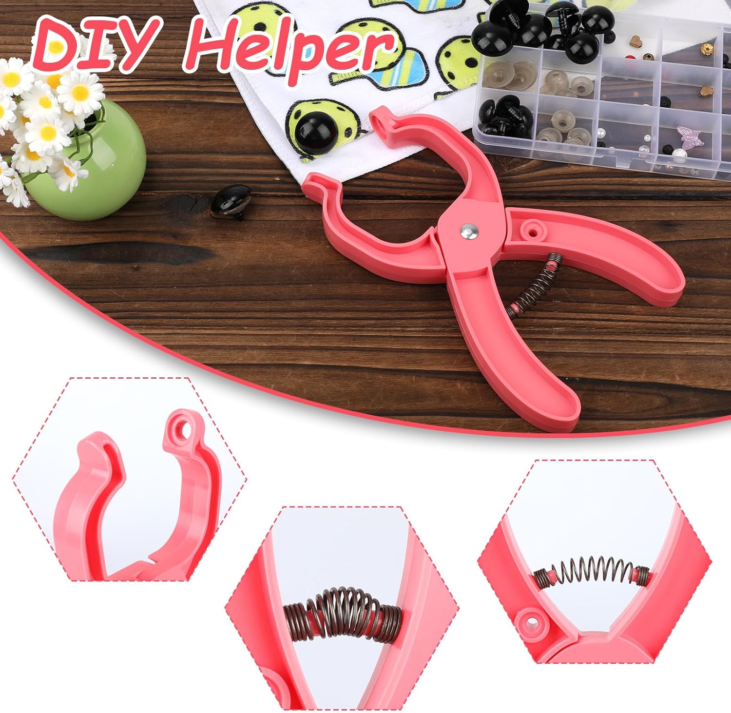 Gosknor Safety Eye Tool for Crocheting, Safety Eye Snapper Pliers Auxiliary Tool with 60pcs 12-30mm Doll Puppet Bear Eyes for Amigurumi Crochet & Stuffed Animal Making Supplies DIY Craft (Pink) - Image 4