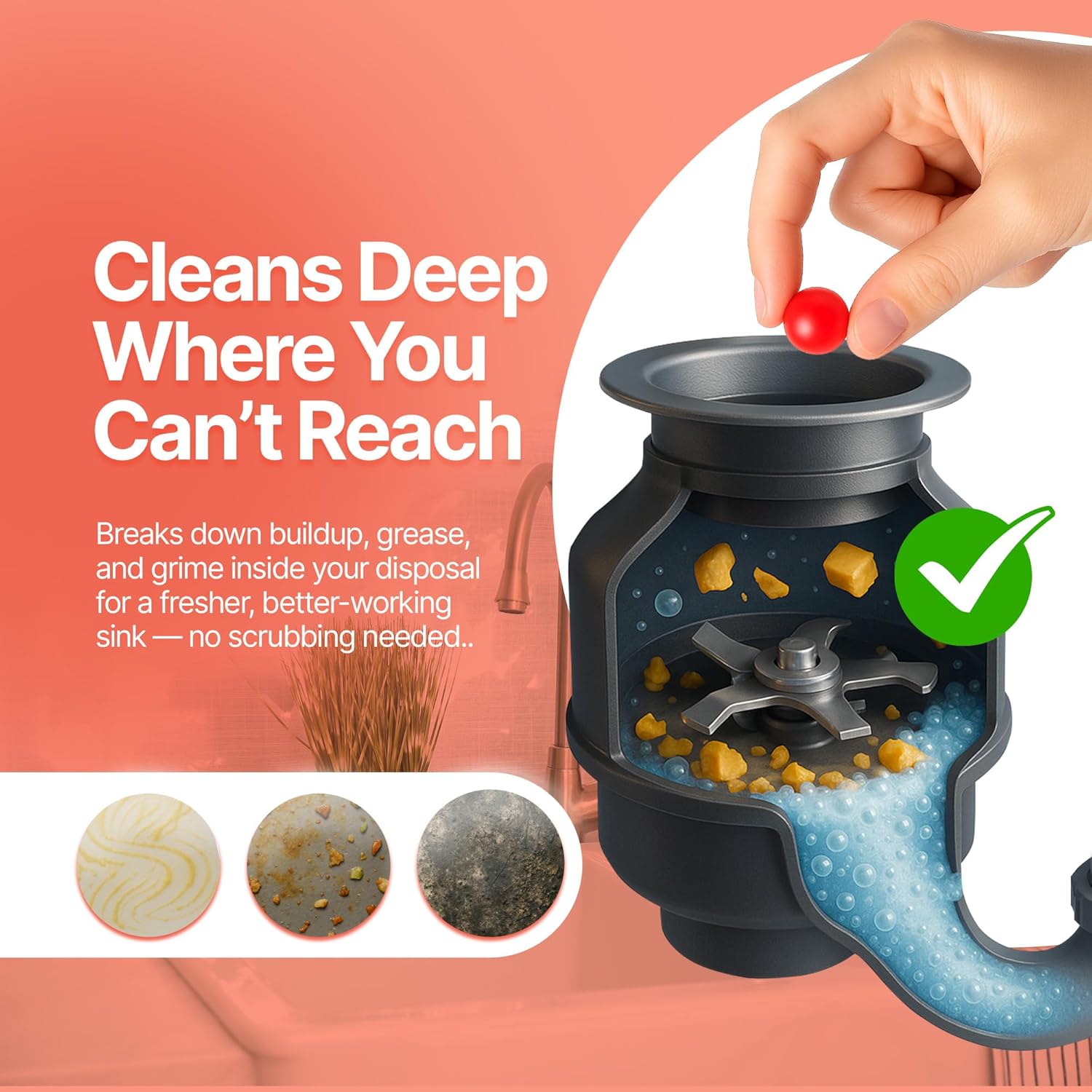 Sink Garbage Disposal Cleaner 50-Count | Easy-Use Garbage Can Odor Eliminator with Powerful Cleaning Action | Peach Scented Sink Drain Cleaner and Sink Smell Eliminator | Quality Home Living by Perfa