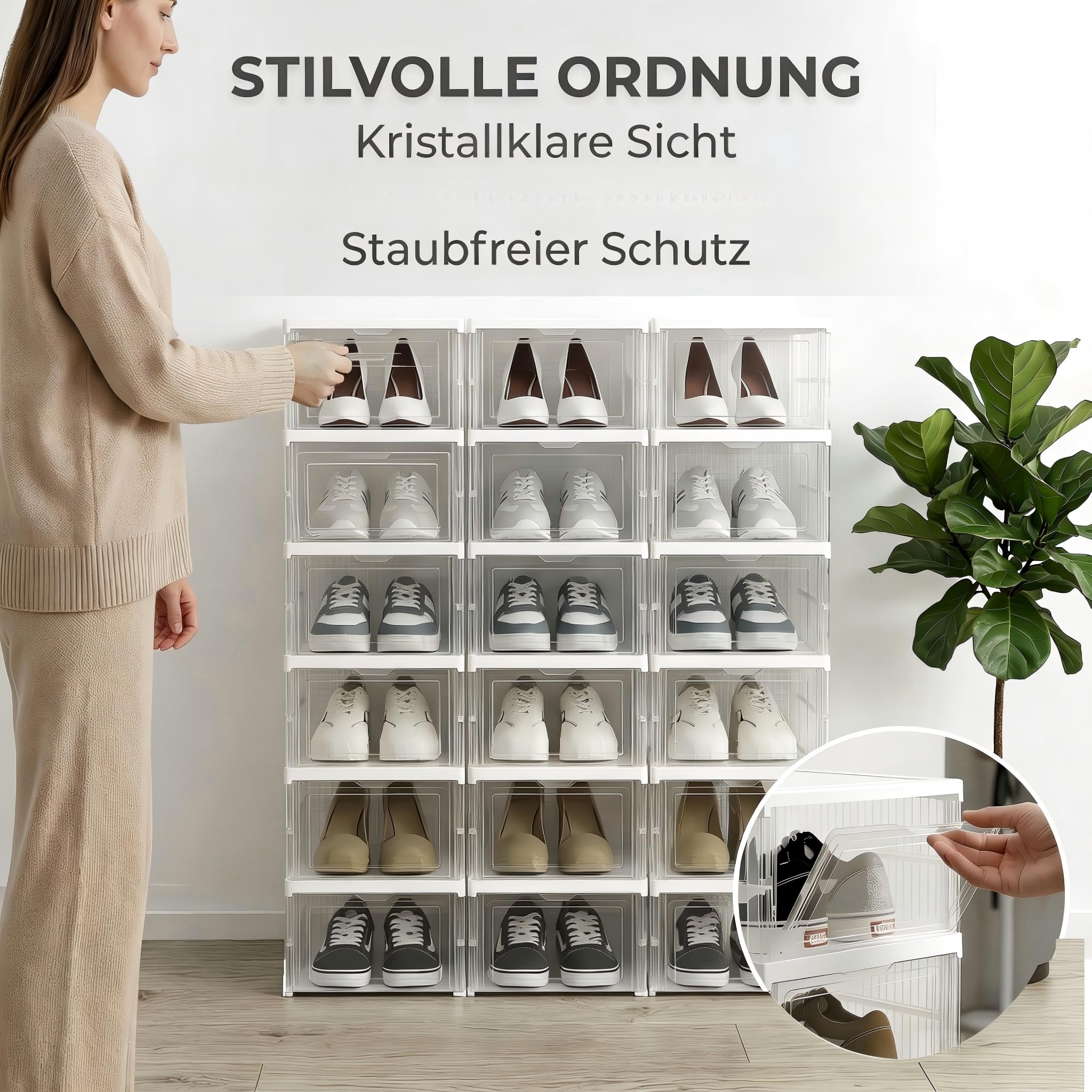Schuhboxen Stapelbar, 24 Ebenen, Transparent, Faltbar, Dickem Kunststoff, für Sneaker bis Größe 46, Platzsparend, 1-Min Montage, Weiß