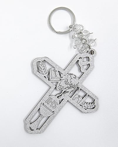 Miniatura 2 de RBN 12 Jesús Cruz Bautismo Plata Glitter Llavero Láser Recorte Madera Recorte Favor Recuerdo De Bautizo Angel Comunión - Bolsa de organza incluida,