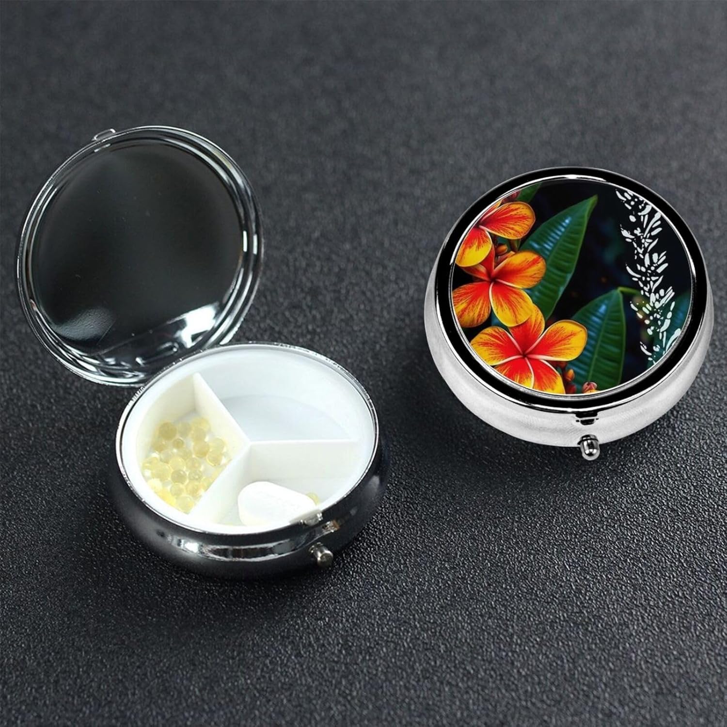 Round Pill Box Pill Case Weekly Pill Organizer with 3 Compartments Eye-catching Hawaiian Flowers Pillbox Small Pill Container Portable Vitamin Holder Boxes for Supplements Medicine Organizer for Pill