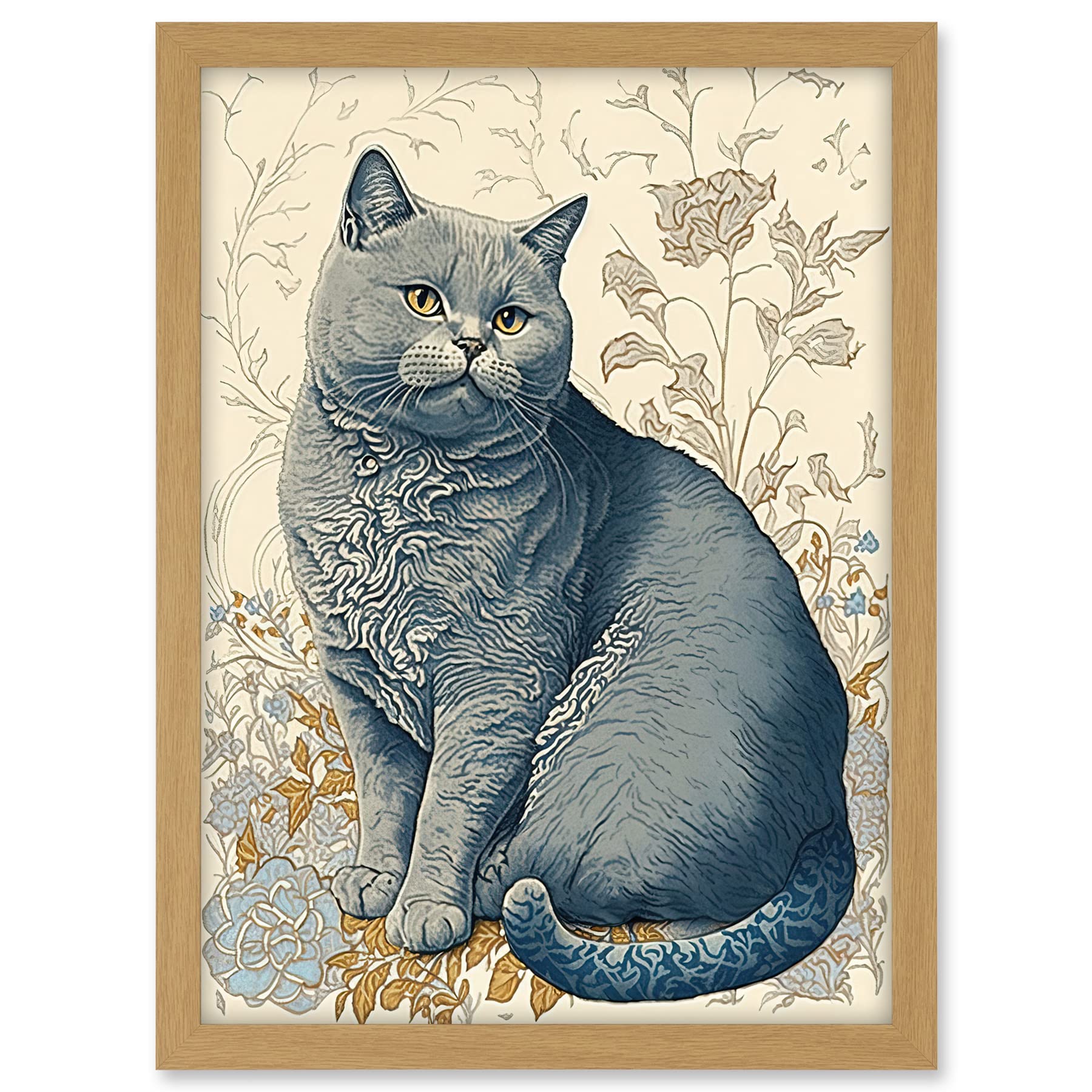 Artery8 William Morris Inspired Cat Portrait with Flowers Modern Illustration Artwork Framed A3 Wall Art Print