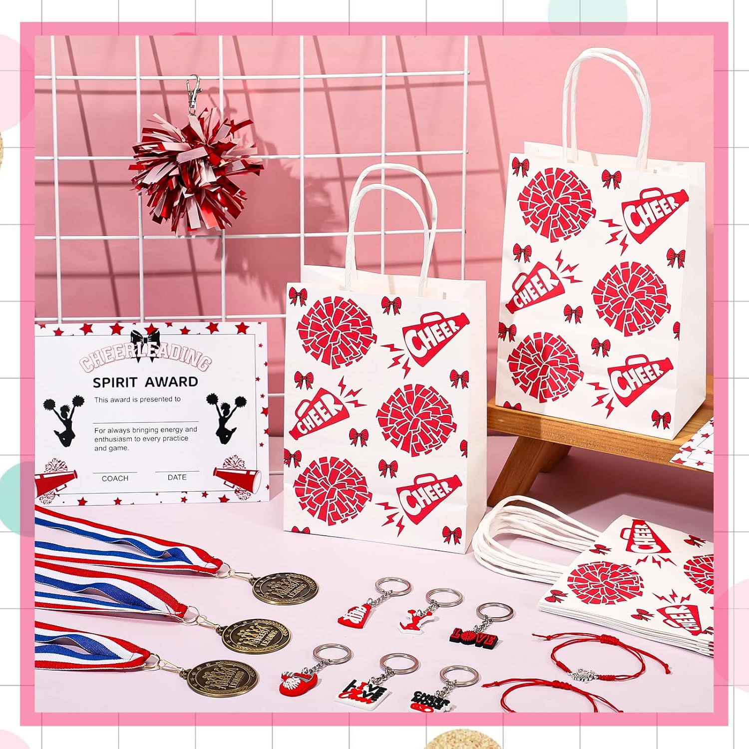 Liliaafar 60 Pcs Cheer Gift Bulk for Team Cheerleading Gifts 12 Award Medals and Certificates Cheer Bracelets Keychain Gift Bag for Female Teammates Accessories