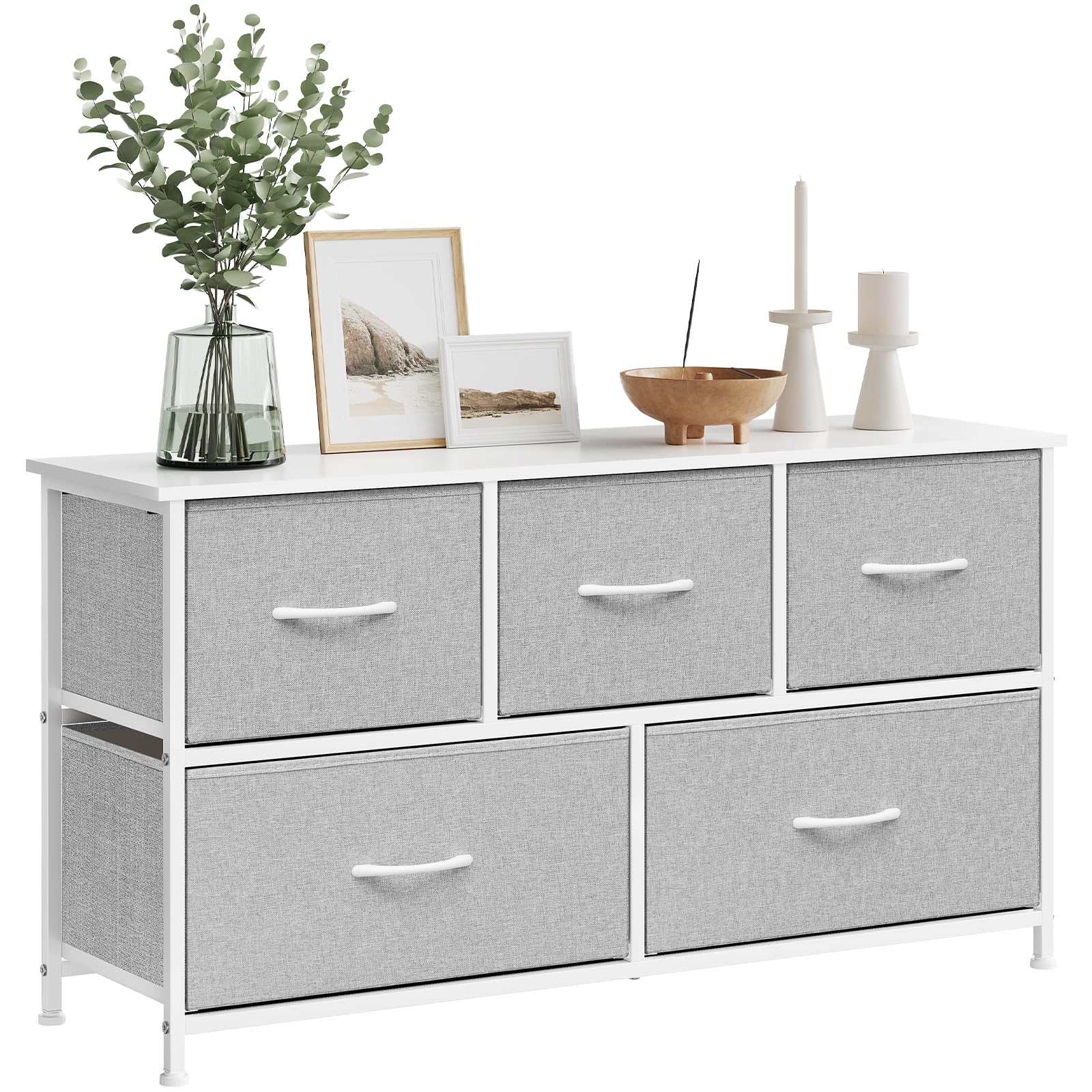 WOLTU Kommode mit 5 Schubladen aus Stoff, Kommodenschrank Sideboard TV-Schrank, für Wohnzimmer Schlafzimmer Flur, aus Metallrahmen Holzwerkstoff, Hellgrau+Weiß, SSK005hgws