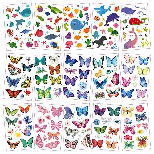Miniatura 4 de 30 hojas (360 piezas) mariposas, sirena, animales marinos, tatuajes temporales impermeables para niños, tatuajes de dibujos animados de estilos
