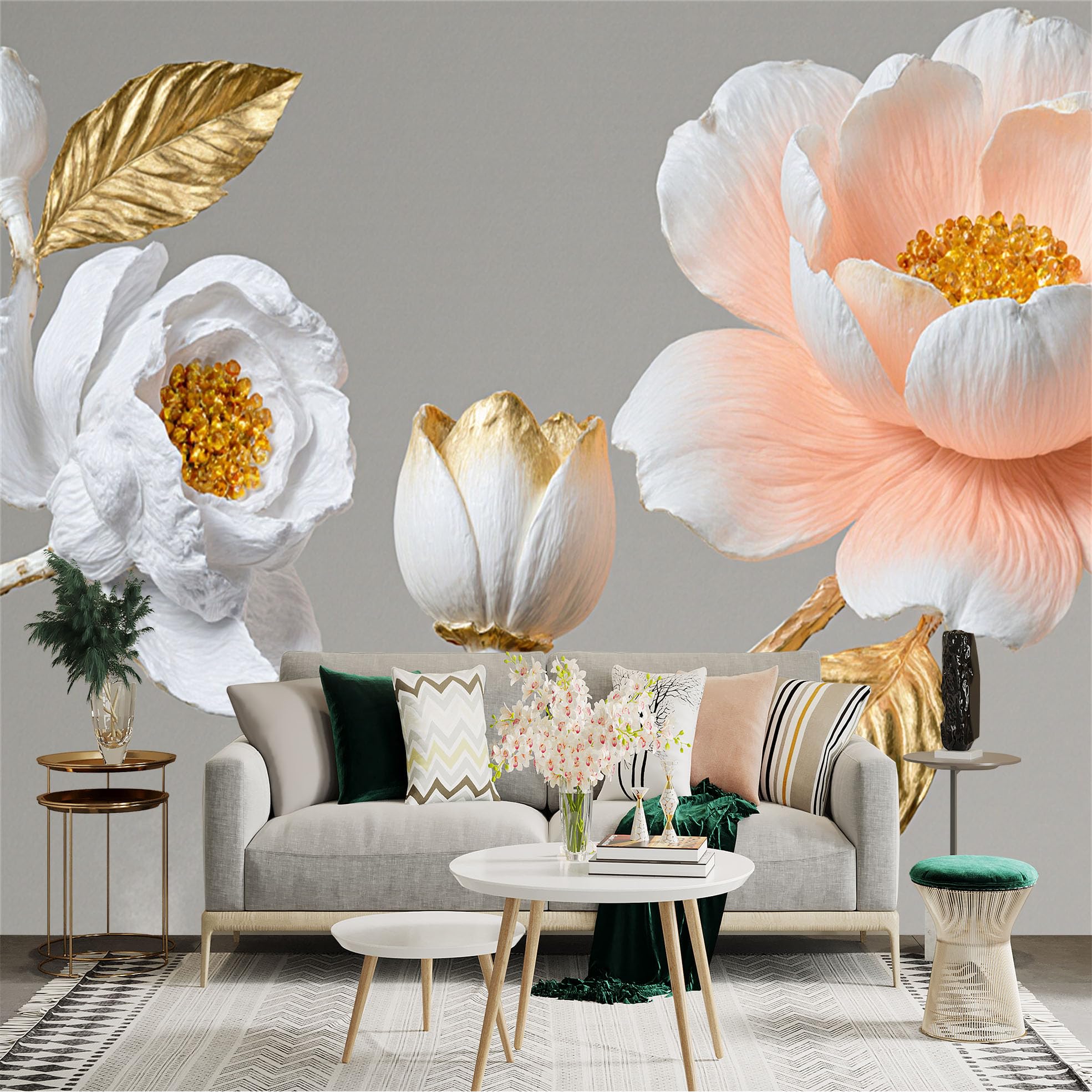Custom Size Wall Sticker Mural， Elegant White and Soft Pink Blossoms， Luxurious Gold Leaves and Branches， Artistic Floral Motif， for wall Decoration， peelandstick wall Decals.