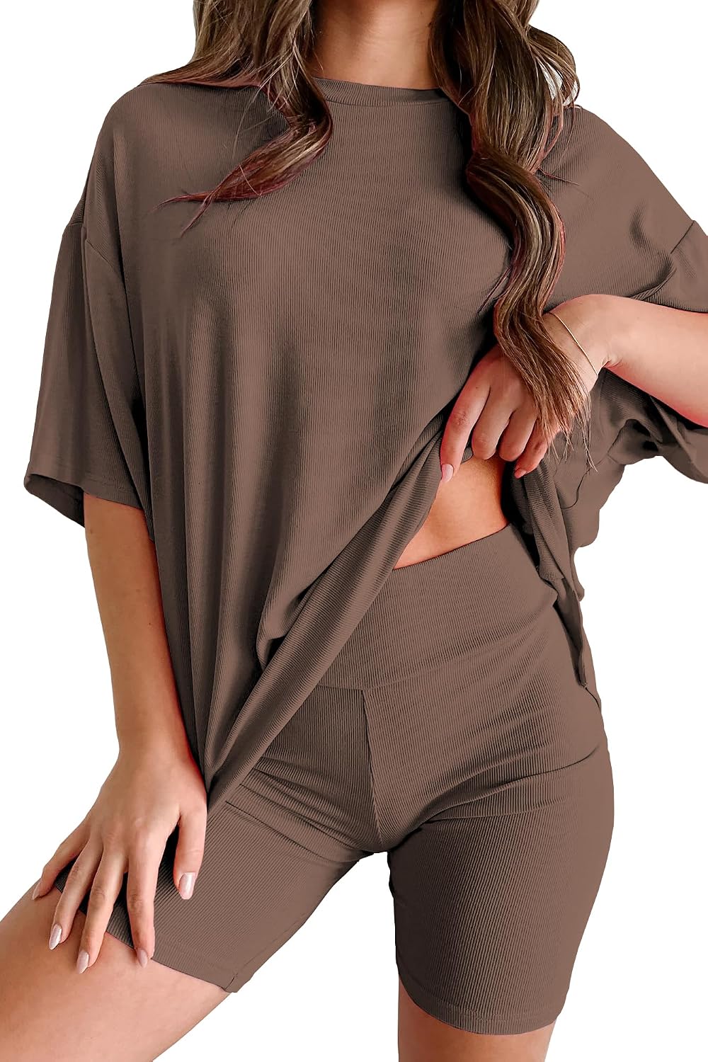Womens 2 Piece Lounge Set 2026 Summer Travel Outfit Casual Short Sleeve Oversized Tshirts & Biker Shorts