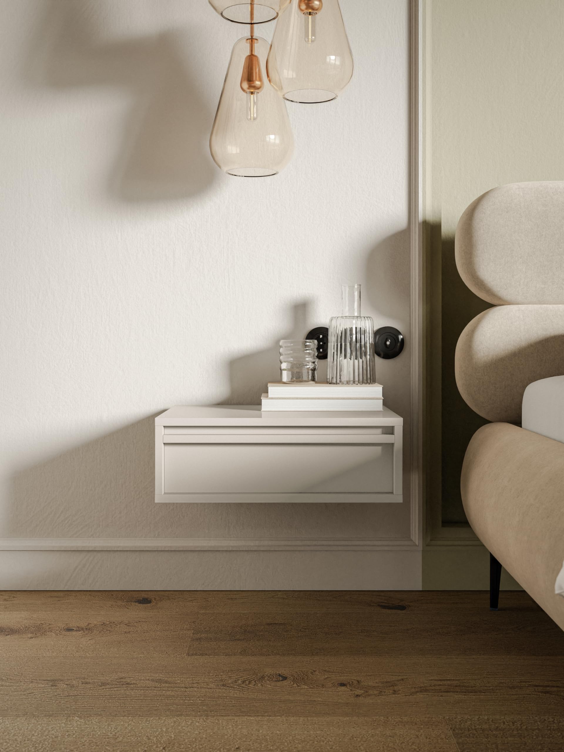 Selsey Comodino Per Camera Da Letto Con Cassetto Comodino Da Notte Sospeso Stile Moderno 50 cm Beige Grigio Evo