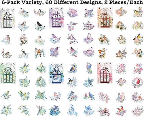 Miniatura 7 de LakoArt 120 calcomanías de pájaros y flores con borde holográfico plateado y fondo transparente, calcomanías de álbum de recortes de naturaleza para