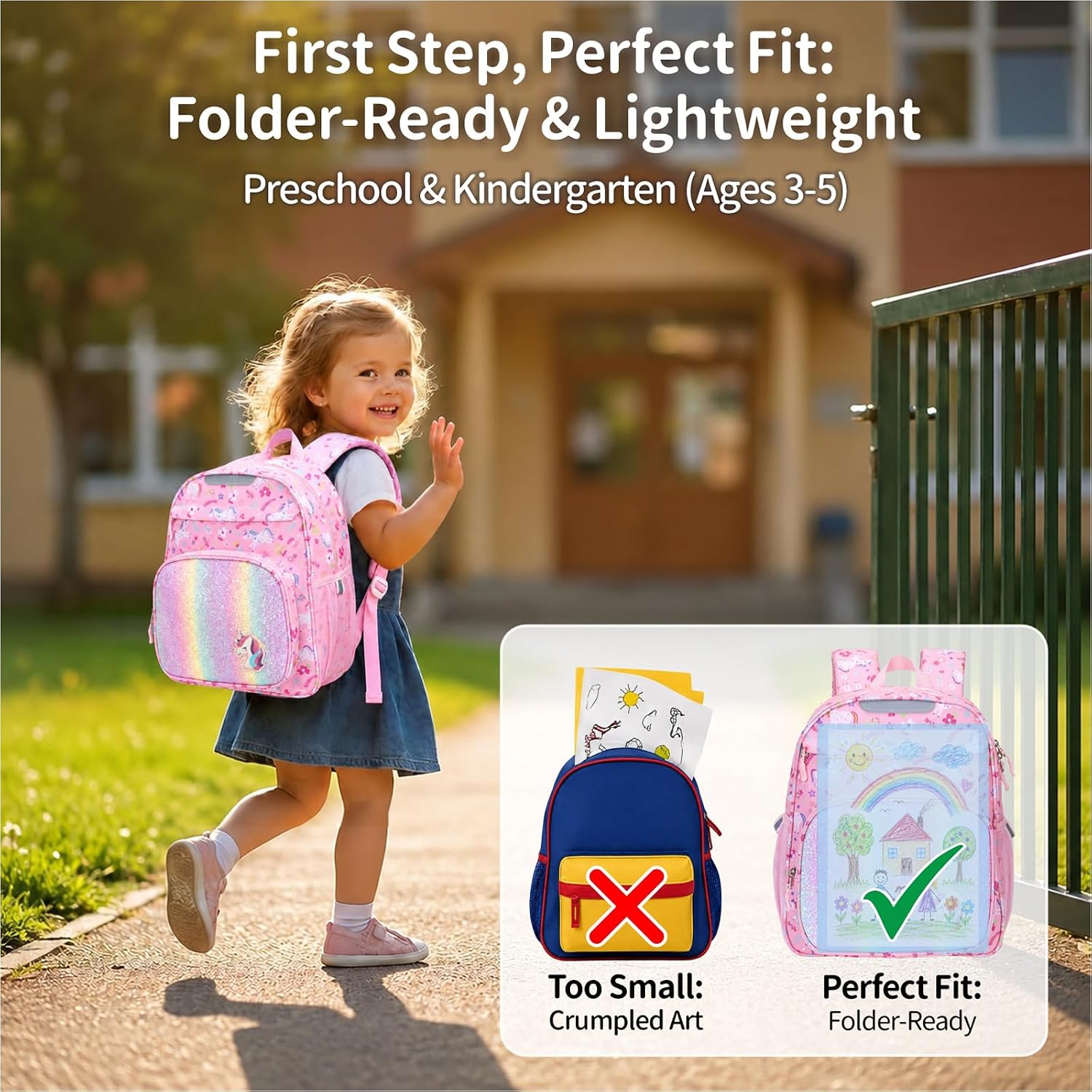 Toddler Backpack for Girls, Preschool Backpack for Kids Aged 3-5 | 14 Inch Kids Backpack Fits Standard Folder, with Chest Strap & Insulated EVA Pocket, Pink Unicorn