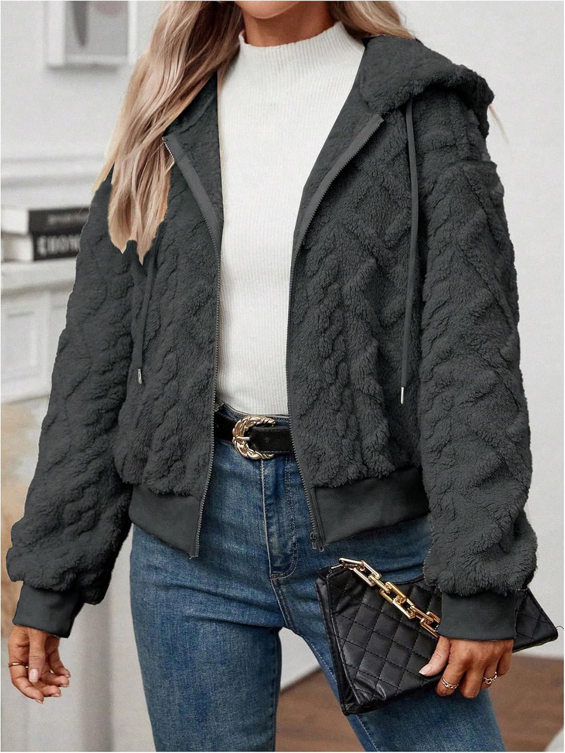 Verdusa Women's Fuzzy Furry Zip Up Hoodie Jacket Textured Teddy Coat Winter Clothes