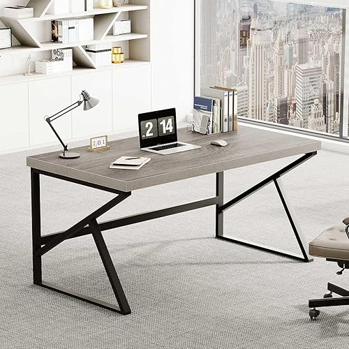 HSH Escritorio gris para computadora, escritorio industrial de madera y metal para oficina en casa, escritorio rústico para computadora portátil