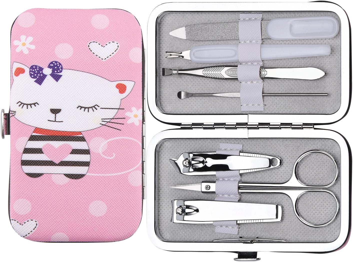 Childs Manicure Set, longmiao Nail Clippers Set Stainless Steel Personal Manicure & Pedicure Grooming Kit 7 in 1 (Cat)