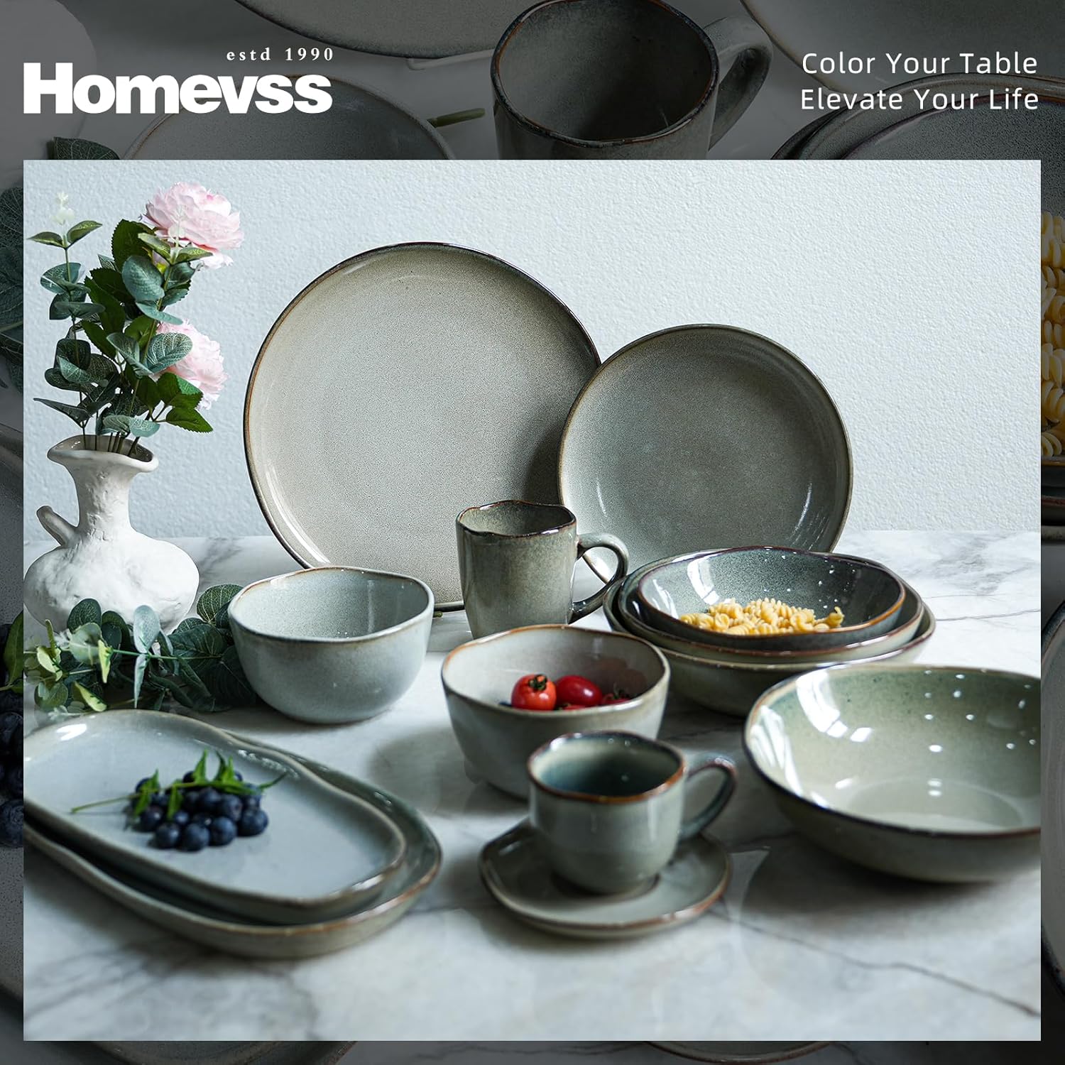 Highland 16pc Dinnerware Set, Unique Organic Shape Double Bowl, Stoneware Plate & Bowl Dish Set Service For 4, Scratch Resistant, Microwave & Dishwasher Safe, Natural Reactive Glaze, Grey