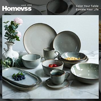 Highland 16pc Dinnerware Set, Unique Organic Shape Double Bowl, Stoneware Plate & Bowl Dish Set Service for 4, Scratch Resistant, Microwave & Dishwasher Safe, Natural Reactive Glaze, Grey