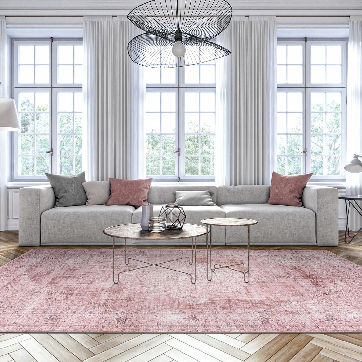 DECOMALL Kalina Washable Area Rugs, Bohemian Vintage Foldable Carpet for Living Room Bedroom Dinning Room Kitchen (9' x 12', Pink)