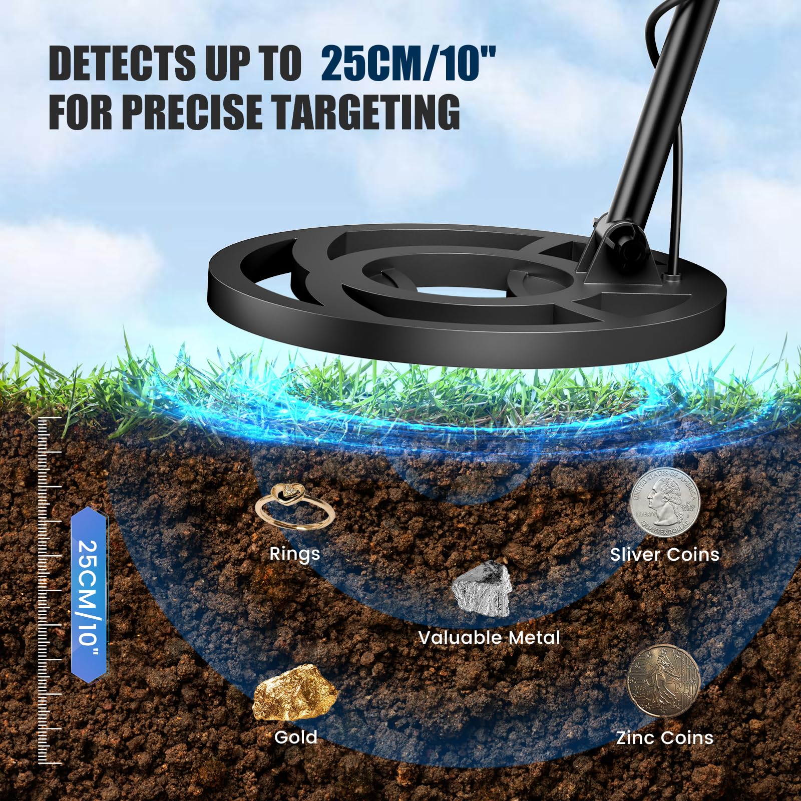 Metaaldetector voor volwassenen en kinderen, lengte, gevoeligheid en audio instelbaar, alle metaal /DISC /PP modi, lcd display, professionele gouddetectorset voor strand, tuin (GT3028