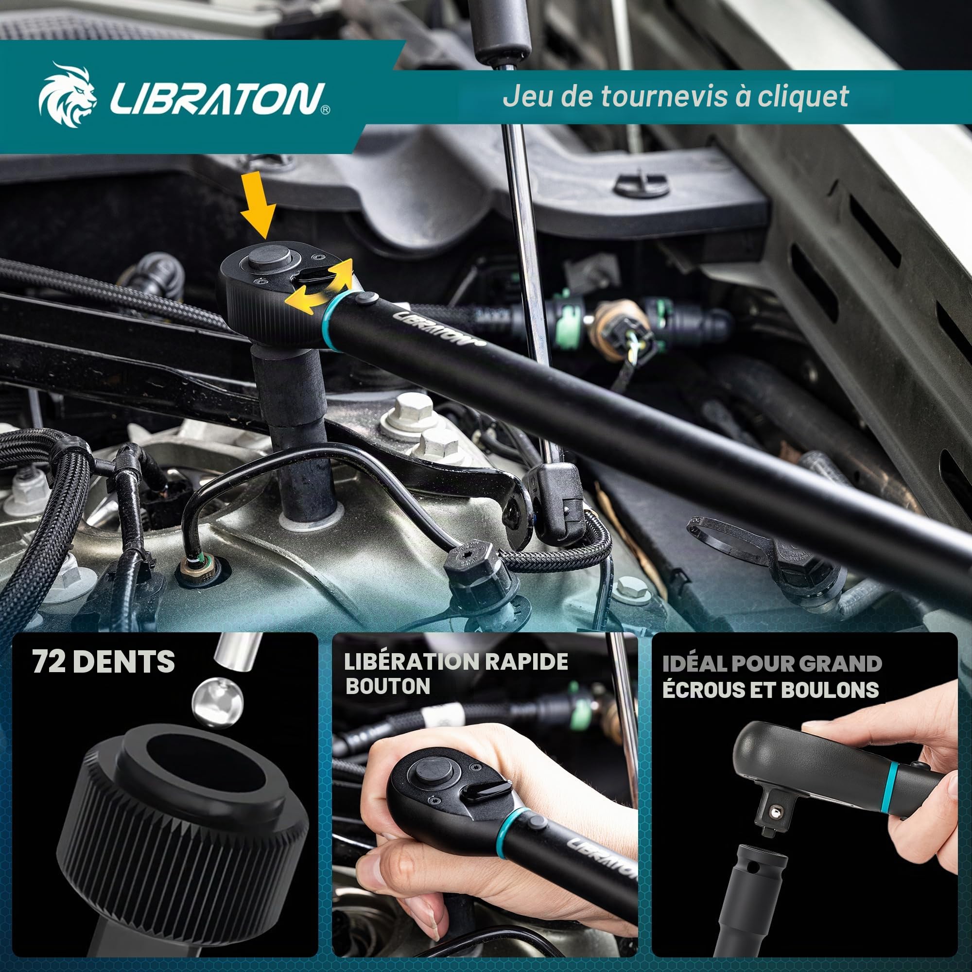 LIBRATON Clé Dynamométrique 1/2", 50-350 Nm, Précision ± 3%, Double Réglage Direction, 72 Dents