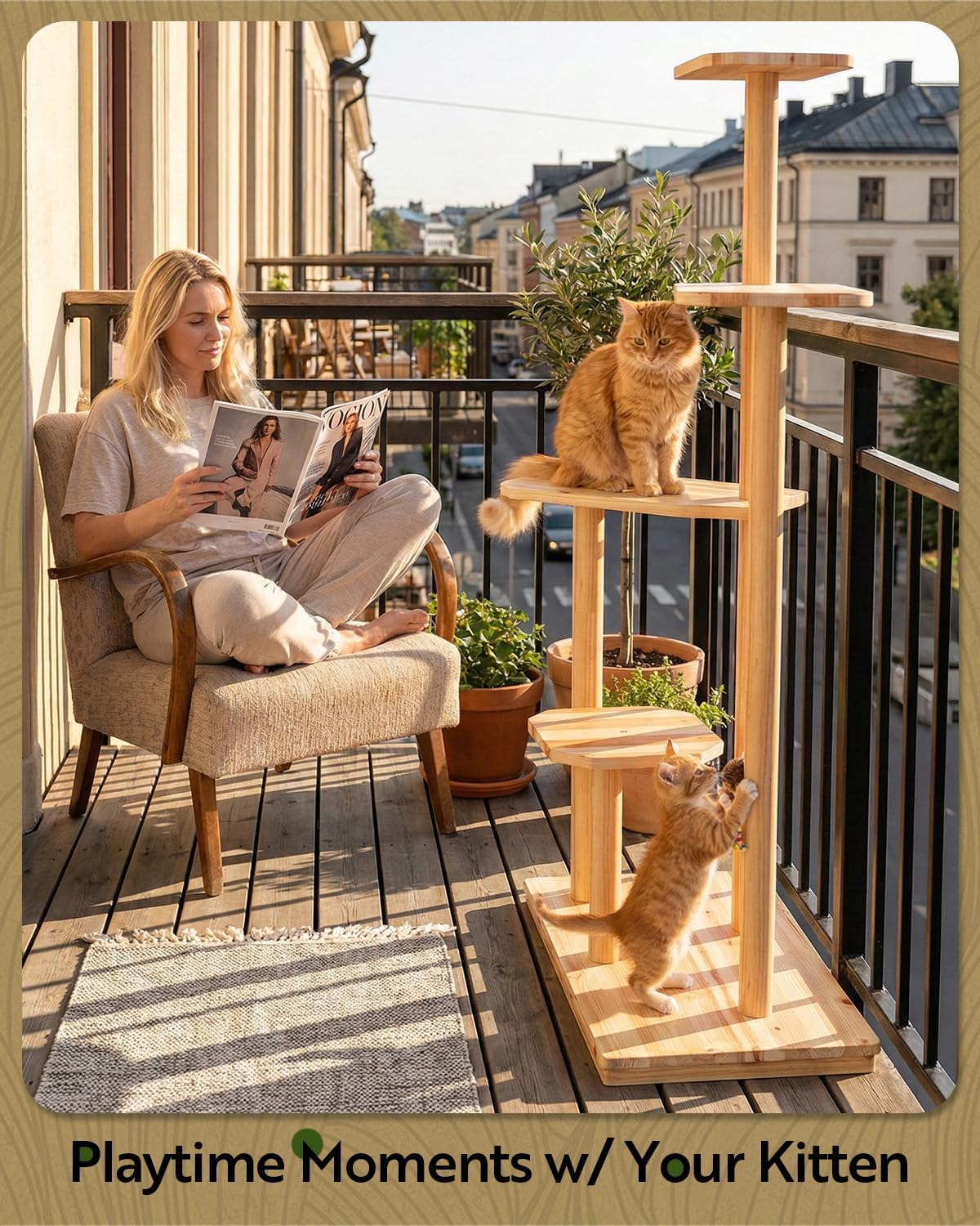 60" Tall Outdoor Cat Tree, Cat Tower Weatherproof for Patio, Garden, Balcony, Durable 4-Tier Natural Wood w/Scratching Posts for Multiple Cats,Outside&Indoor Adult Cats and Kittens Play, Climbing