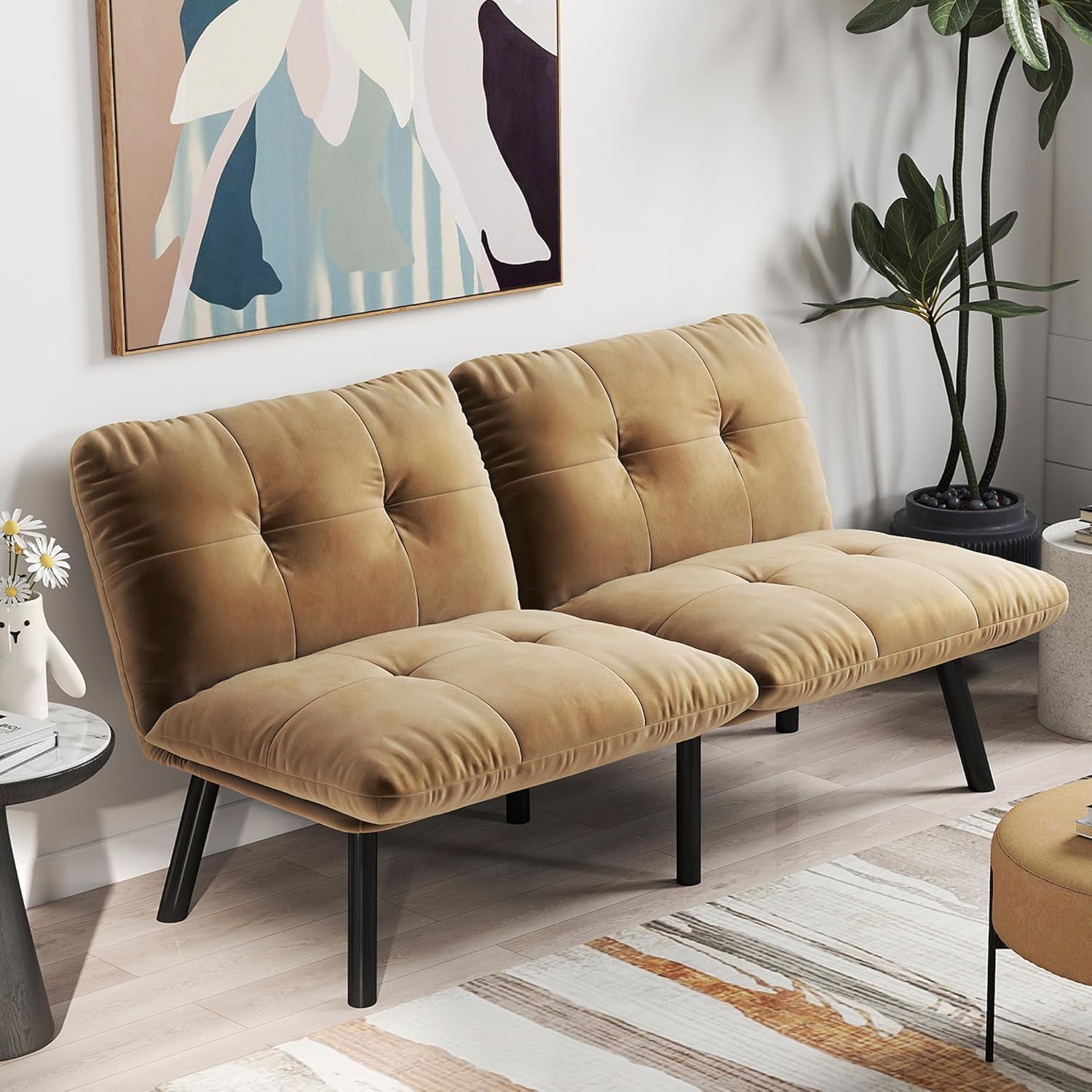 63" Convertible Futon Sofa Bed,Comfy Velvet Cloud Couch Bed with 4 Reclining Backrest,Modern Small Sleeper Loveseat for Living Room Home Office (Brown)