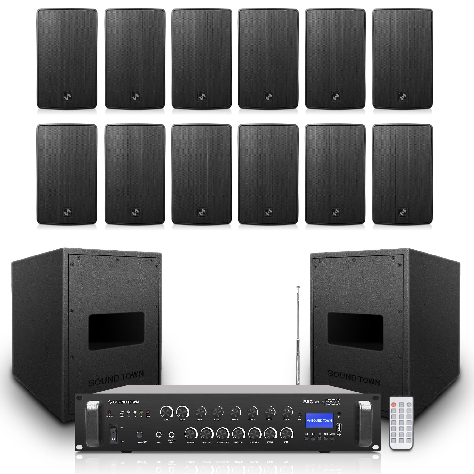 Sound Town Commercial Restaurant Audio Set with One 6-Zone 70V/100V Amplifier with Bluetooth, 12 x Weather-Resistant 6.5-Inch Surface-Mount Speakers, Two Dual 8-Inch Subwoofers, Black (P36X12T6B2S28)