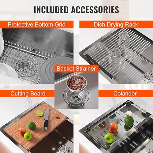 Miniatura 6 de VEVOR Fregadero individual de cocina de 30 pulgadas, fregadero de acero inoxidable 304 para montaje inferior, lavabo de granja con reborde y