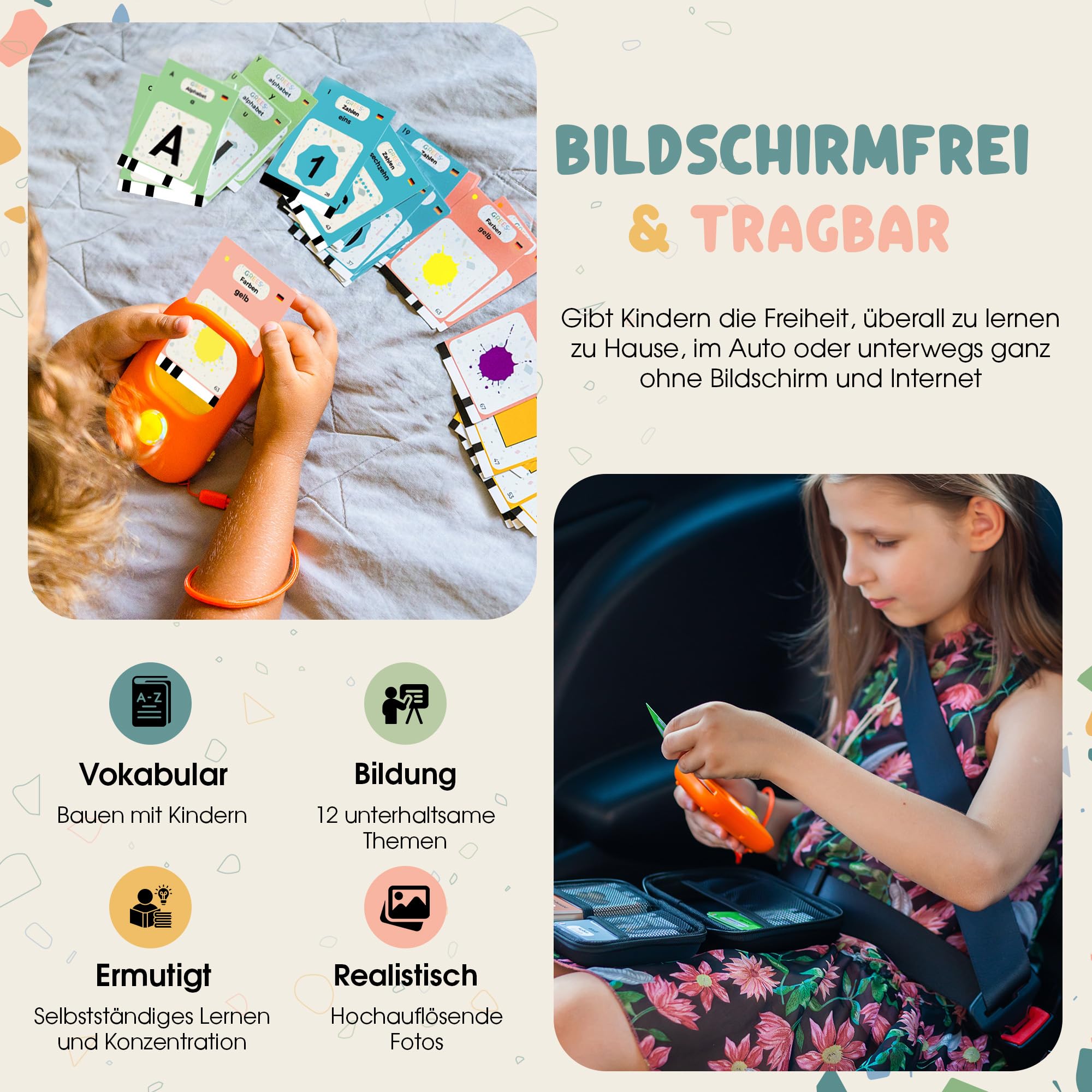 GREES Sprechende Lernkarten Deutsch mit Tragetasche – 258 Wörter mit klarer Studio-Stimme, 12 Themen, Montessori-Lernspielzeug ohne Bildschirm für Kinder 2–6 Jahre, Sprachförderung und Wortschatz