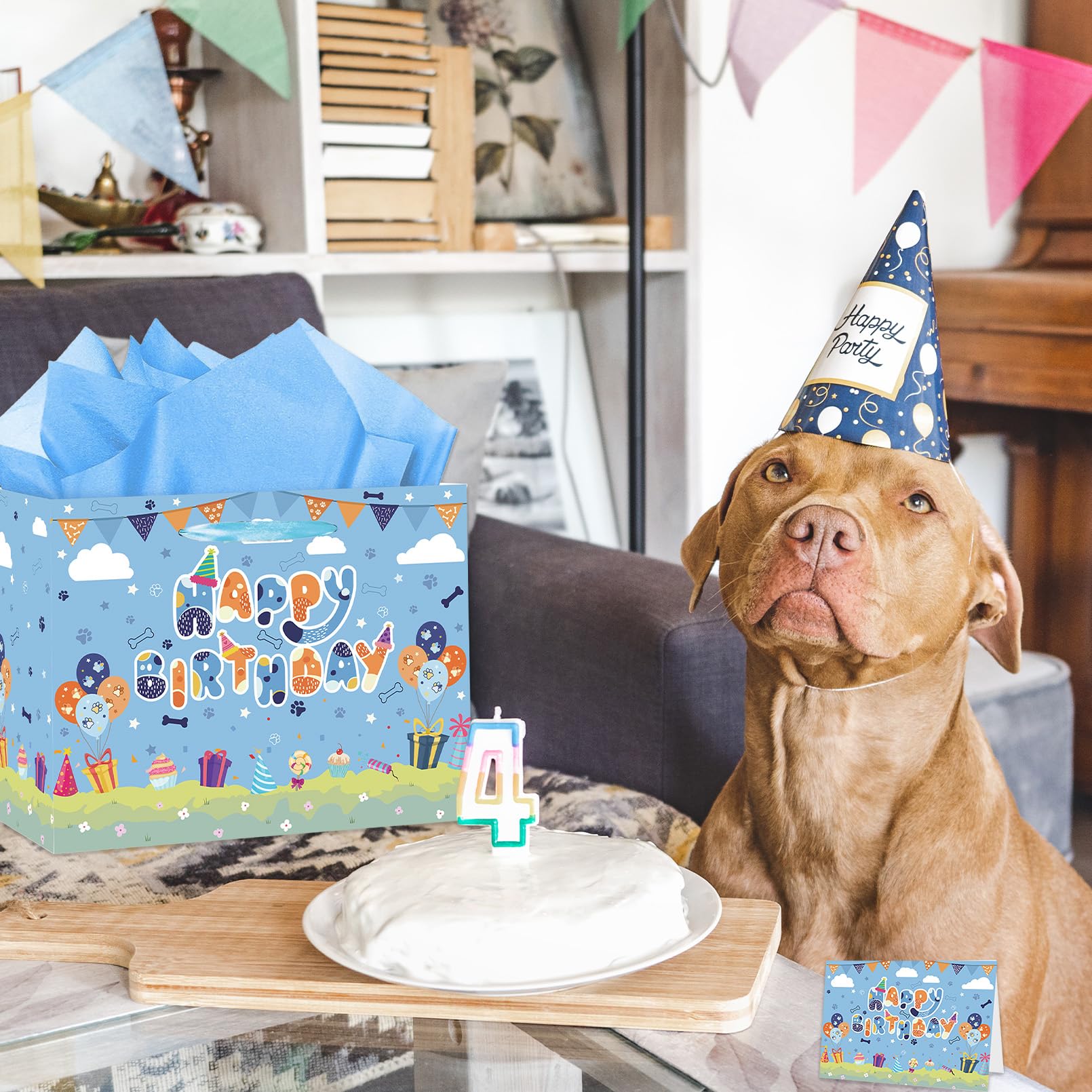 HZRNNA Blue Paw Print Gift Bag, Large Dog Birthday Gift Bag with Tissue Paper and Card, Dog Themed Birthday Decorations for Boys, Newborn, Baby Shower Party Supplies