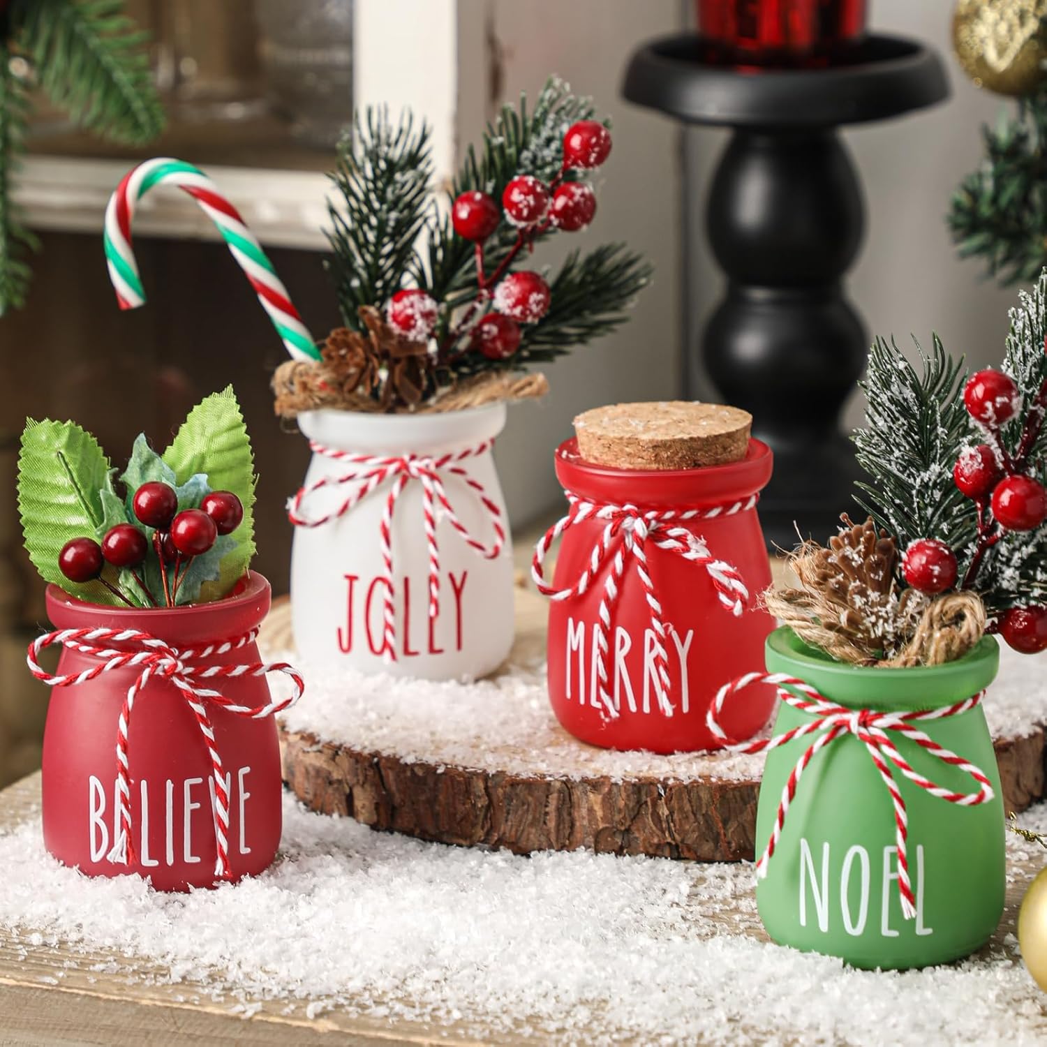 Christmas Mini Mason Jars, Winter Tiered Tray Decor, 4Pcs Holiday Farmhouse Decor Xmas Table Centerpieces Noel Merry & Jolly Decor for Home, Desk, Shelves, Christmas Gift