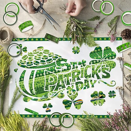 Miniatura 5 de Whaline 18 rollos de cinta adhesiva Washi del día de San Patricio Washi color verde trébol de la suerte camión gnomo calcomanías de papel