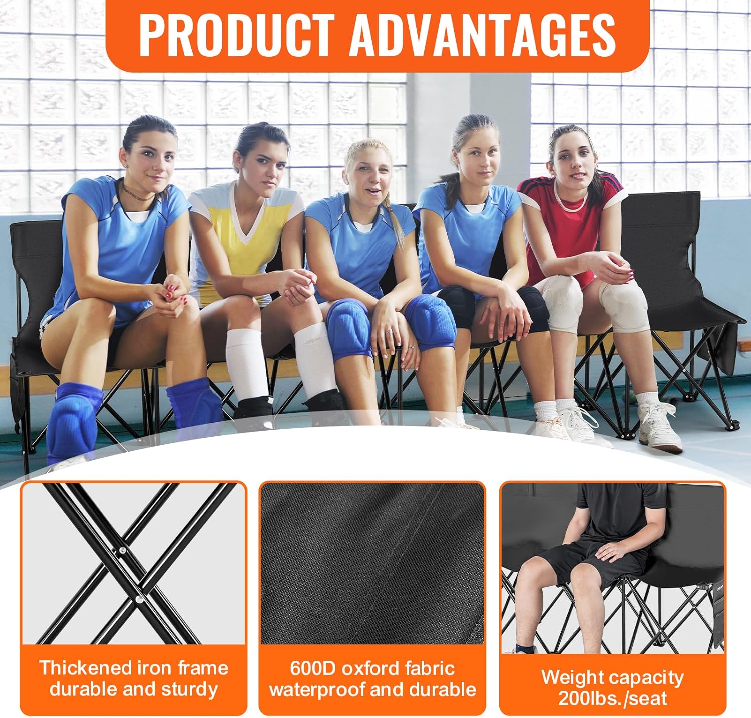 VEVOR Portable Folding B ench, 6 Seats Foldable Sideline B ench, Outdoor Camping Bench Chair with Carry Bag & Backrest, Team Sport Sideline B ench, No Assembly Instant Seating, Black