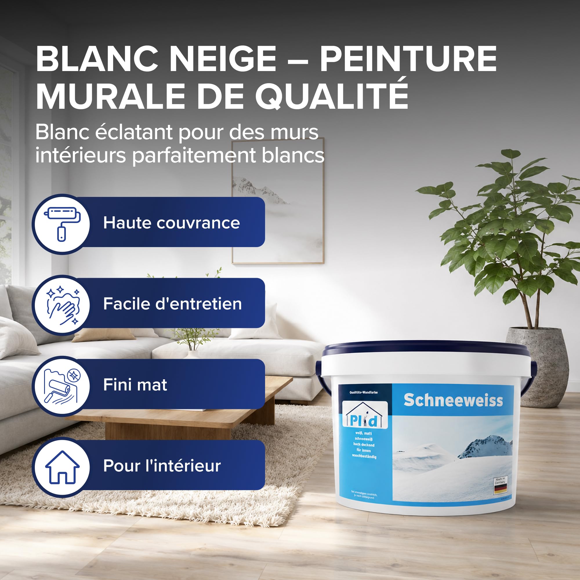 Plid® Peinture blanche mur et plafond, Blanc mat 10 L - pour env. 60m² - Haute couvrance, Application facile, Faible odeur - Pot de peinture murale interieur Blanc polaire - Rénovation, Décoration