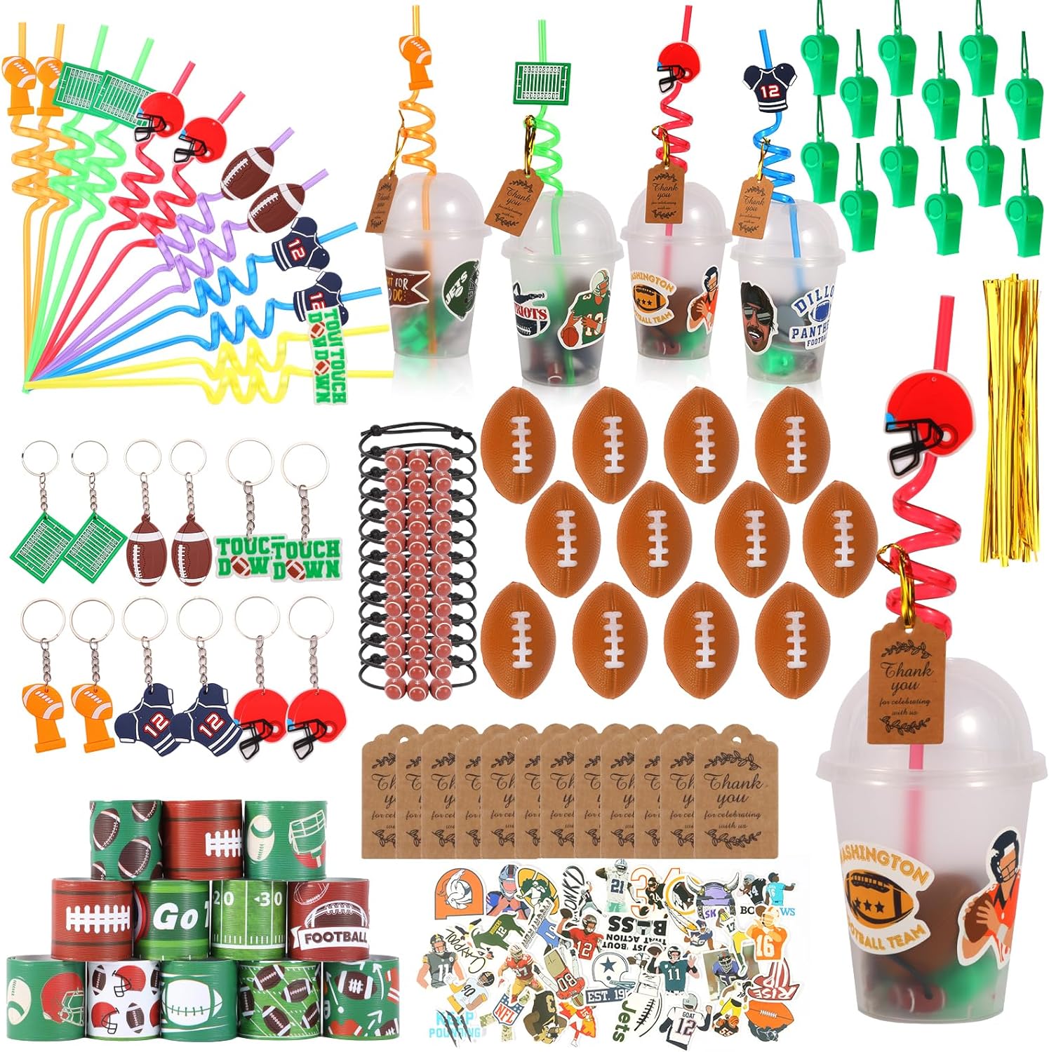LiYiQ 158 Pcs Football Party Favors Football Party Supplies with Cup Straw Stress Ball Keychain Sticker Slaps Bracelets Whistle Thank You Tags for Kids Football Birthday Decorations