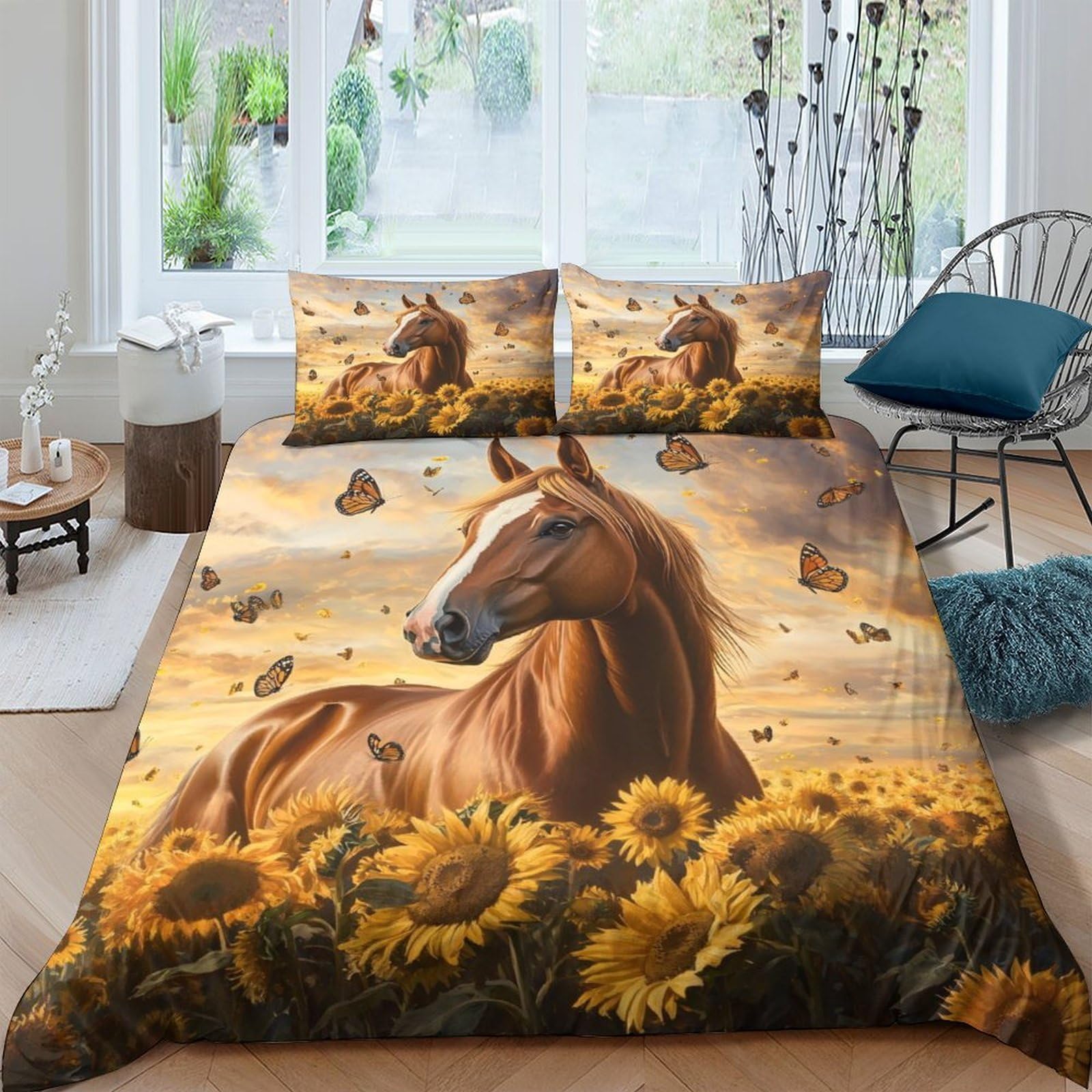 Ctjqhvkz Style-10 3D Printed Brown Horse Fitted Sheet Microfiber Sunflower Mattress Cover Non Slip Easy Care Bedroom Decor Single（135X200cm）