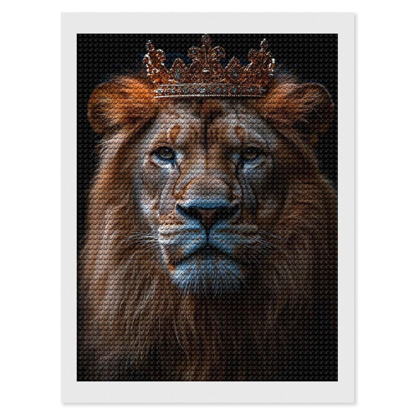 Junmoney Lion King Portrait with Golden Crown Full Drill Diamond Painting Kit 12"x16", for Teens, Adhesive Canvas, Bedroom Decor, Holiday Gift Idea