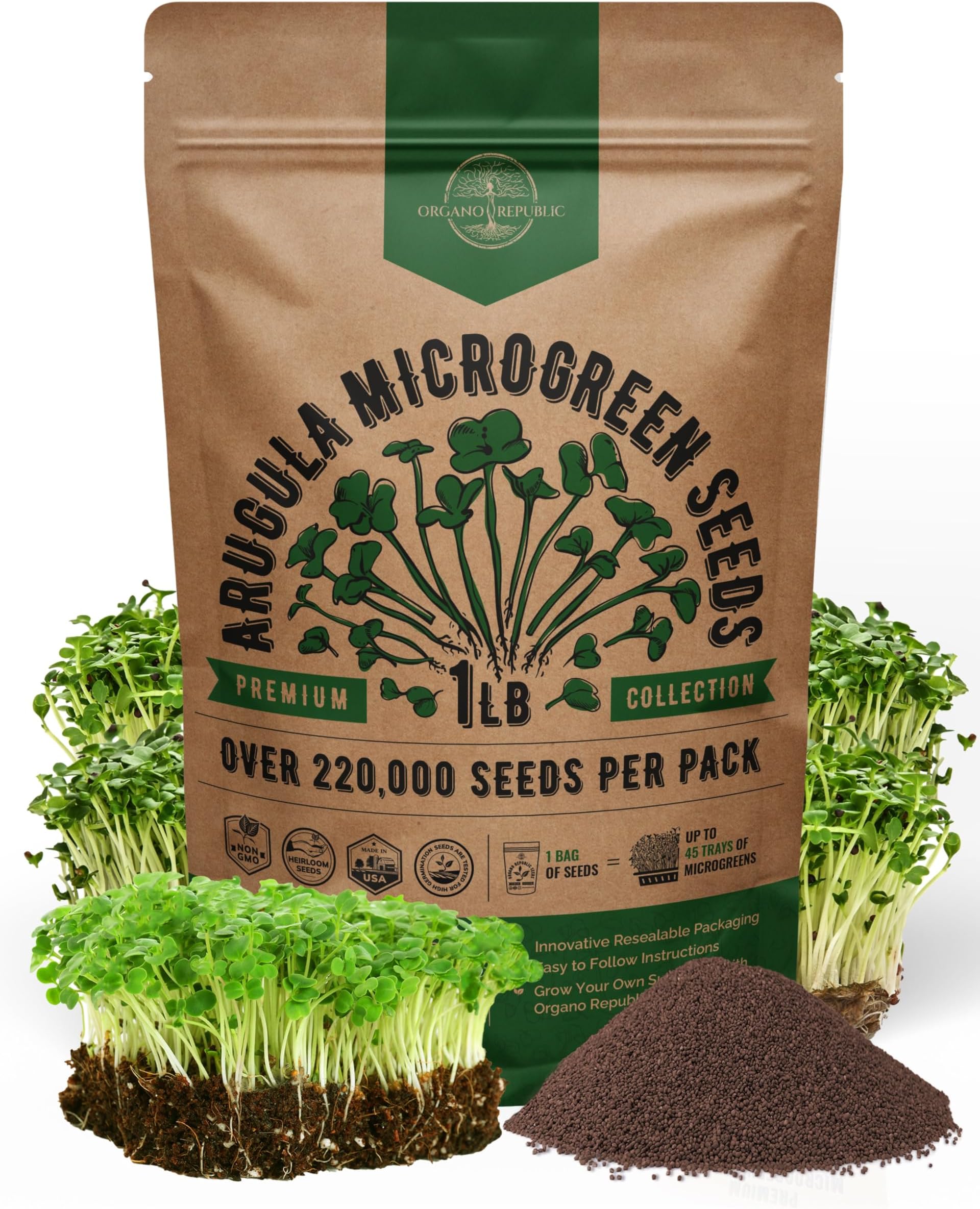 Arugula Sprouting & Microgreens Seeds - Non-GMO, Heirloom Sprout Seeds Kit, 1lb Resealable Bag for & Growing Microgreens in Soil, Coconut Coir, Aerogarden & Hydroponic System.