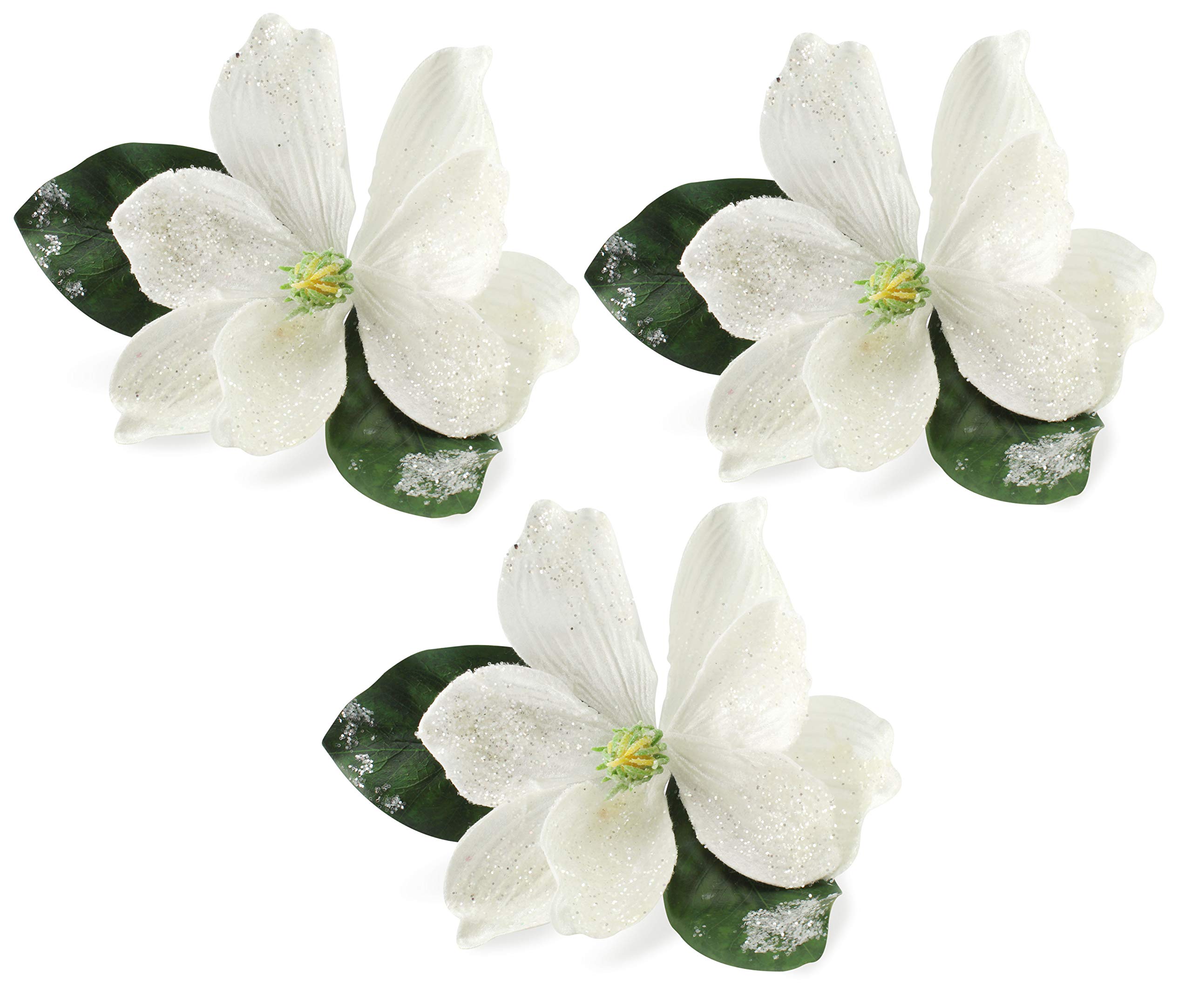 AuldHome Magnolia Floral Picks (3-Pack, White); Artificial Magnolia Greenery Flowers for Christmas and Seasonal Decor