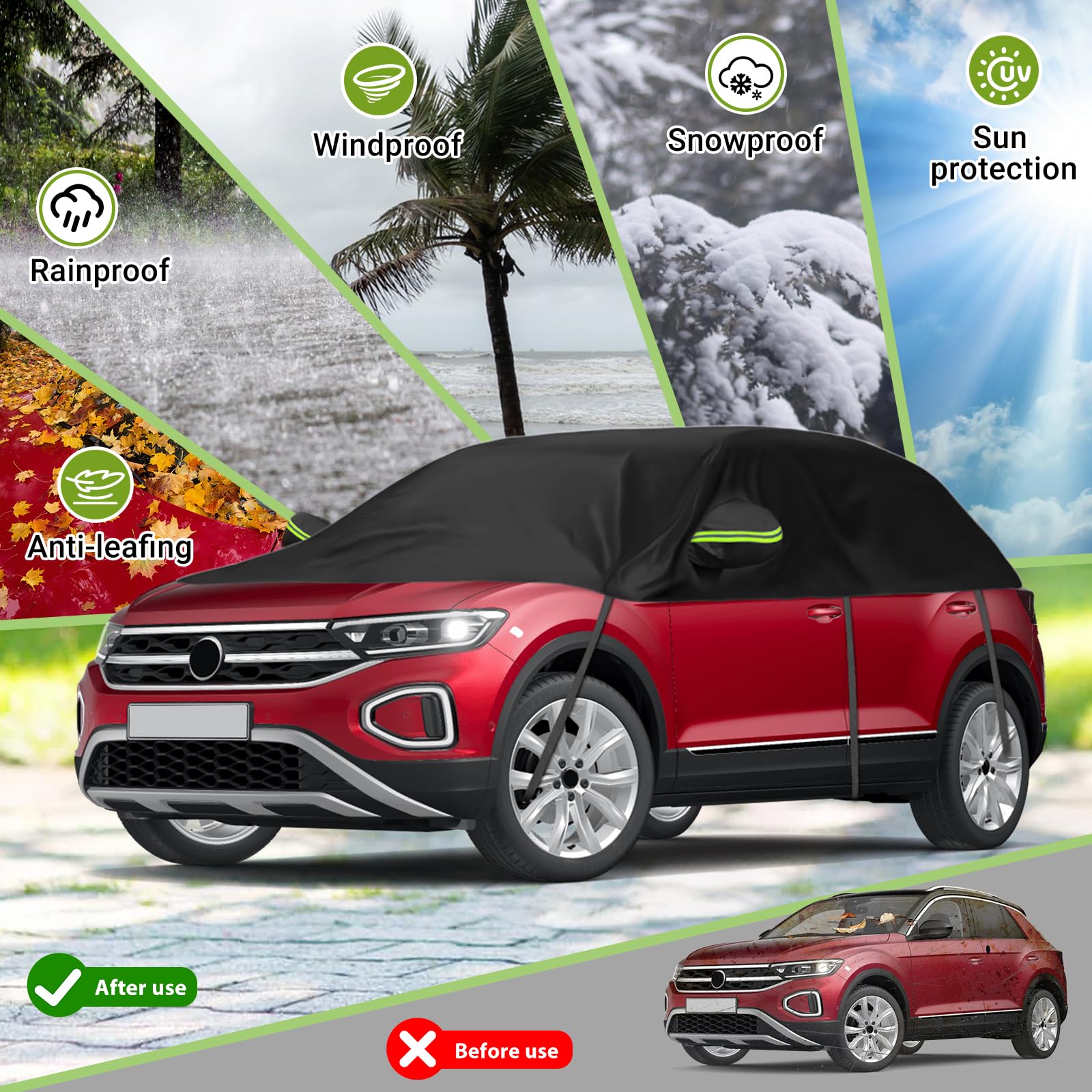 Uniwersalny wodoodporny pokrowiec na samochód do SUV 361 x 150 x 54 cm, wymienny miękki pokrowiec na dach samochodowy do VW Tiguan SWB/T-ROC/Peugeot 2008/3008, pół-garaż