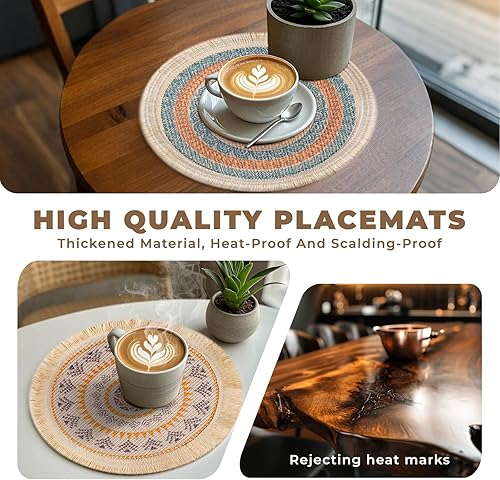 Miniatura 4 de RIOOP Juego de 4 manteles individuales redondos trenzados, lavables, resistentes al calor, antideslizantes, de algodón y poliéster, bohemios,