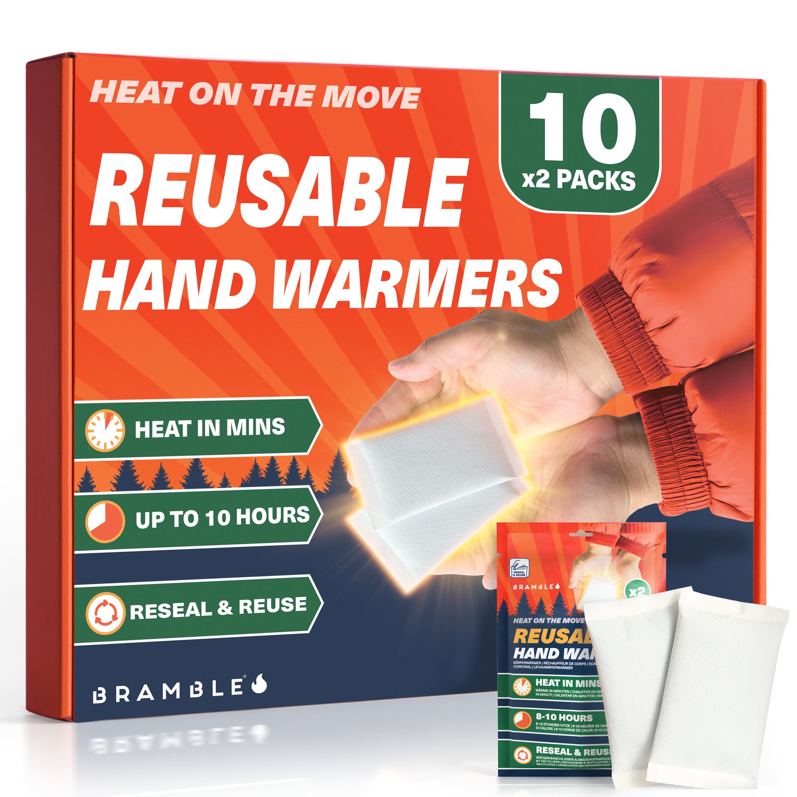 Bramble - Reusable Hand Warmers (10 Pairs, 20 Total) - Air Activated Pocket Warmers with Resealable Pouch - Warm in Minutes & Odour-Free - 8 Hours of Heat across multiple uses