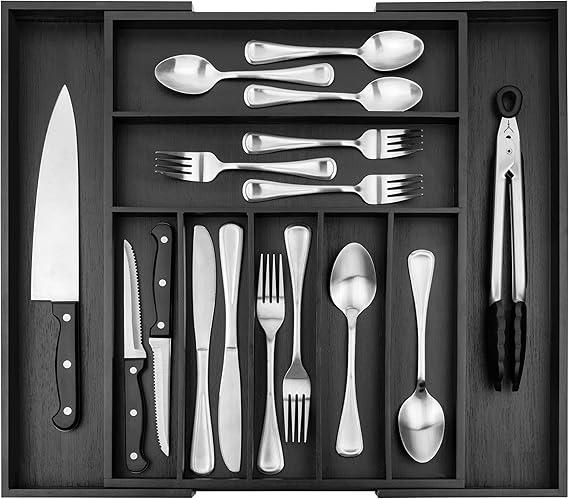 Premium Bamboo Silverware Organizer – Expandable Kitchen Drawer Organizer and Utensil Organizer, Good Dimension Cutlery Tray with Drawer Dividers for Kitchen Utensils and Flatware (7-9 Slots) (Black)