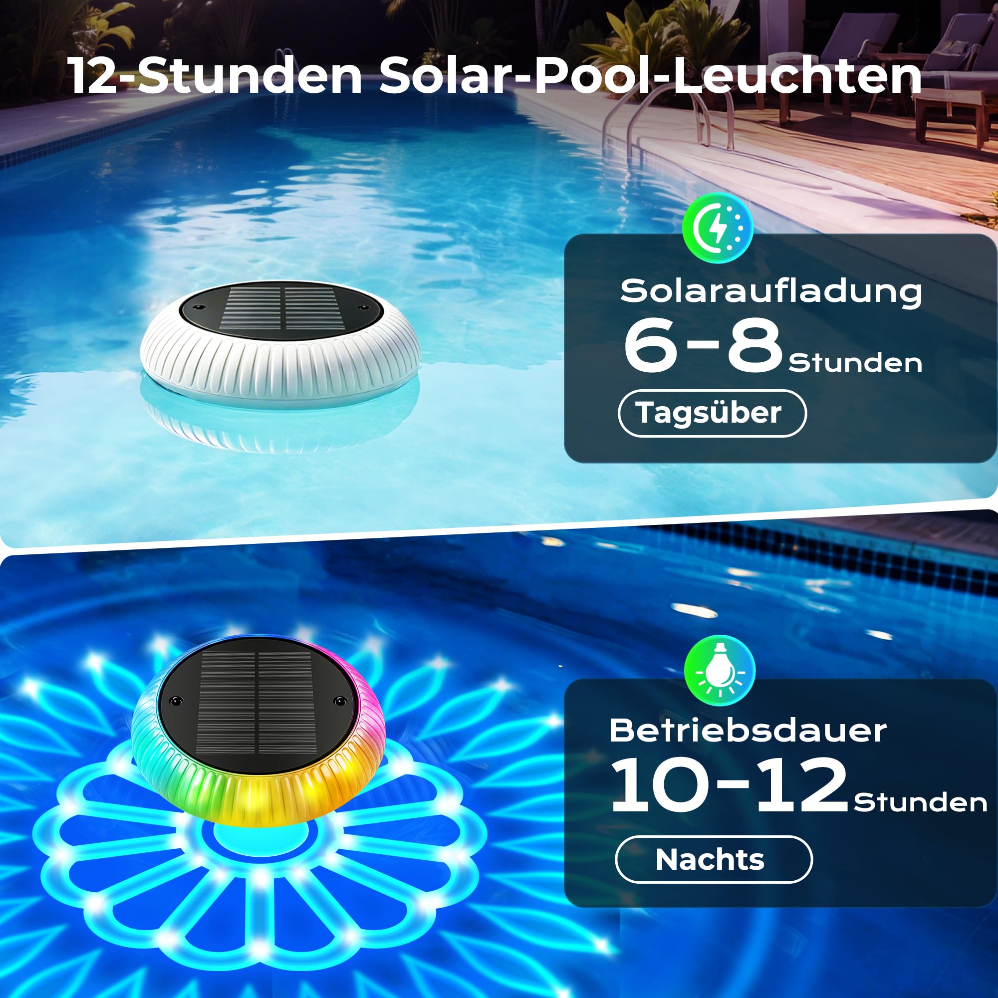 Schwimmende Poolbeleuchtung Solar mit Fernbedienung – 16,3 cm, 2-in-1 Doppellicht (57 Modi), Timer, IP67 wasserdicht – für Pool, Whirlpool, Gartenteich, Aufblaspool (1 Stück)